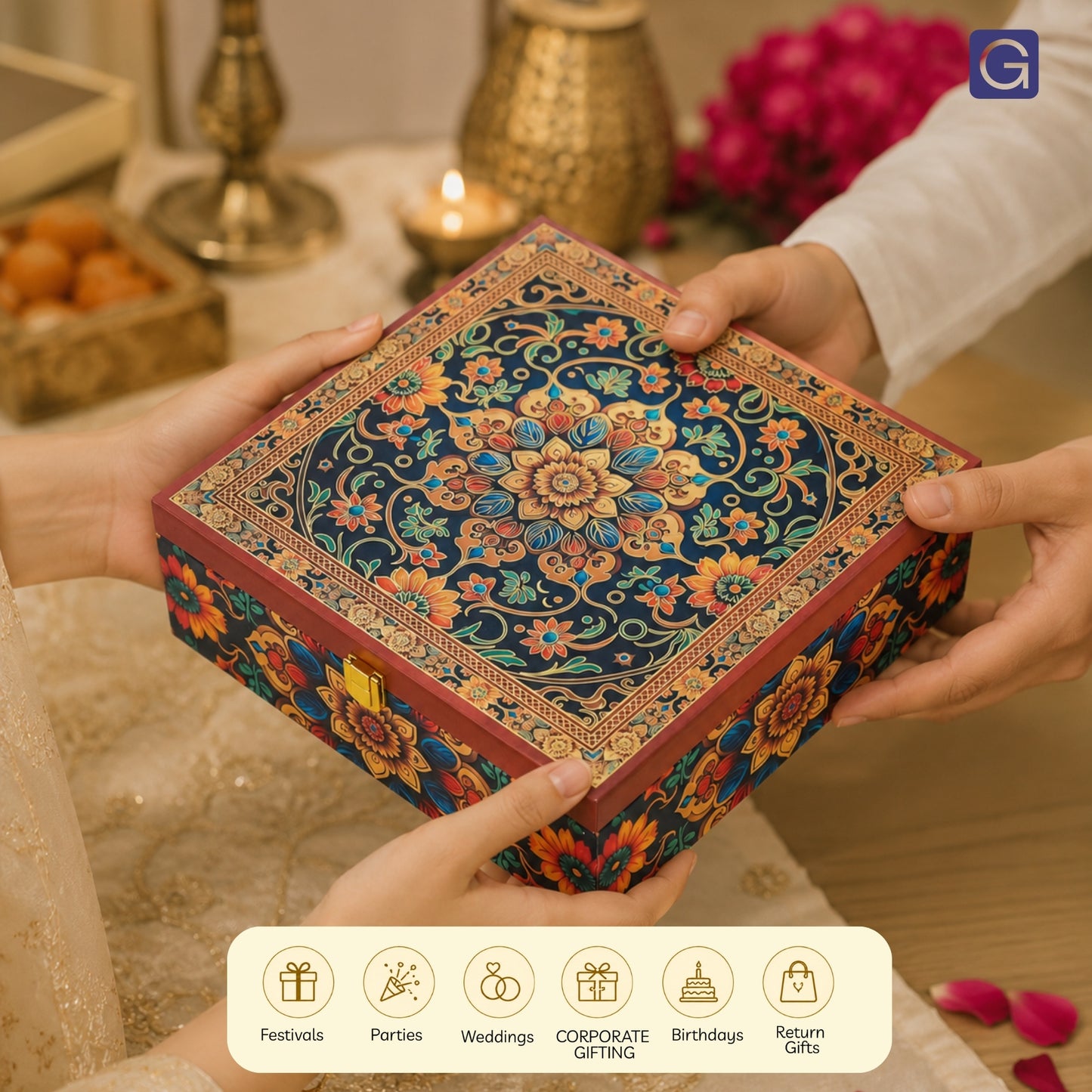 Red Floral Foil Wooden Hamper Box with 4 jars | Festive Gift Box