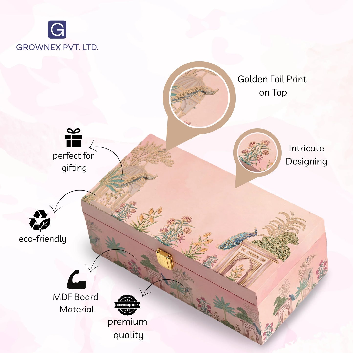 2 Jar Pink Peacock Wooden Box - Dry Fruit | Grownex Packaging | wooden box