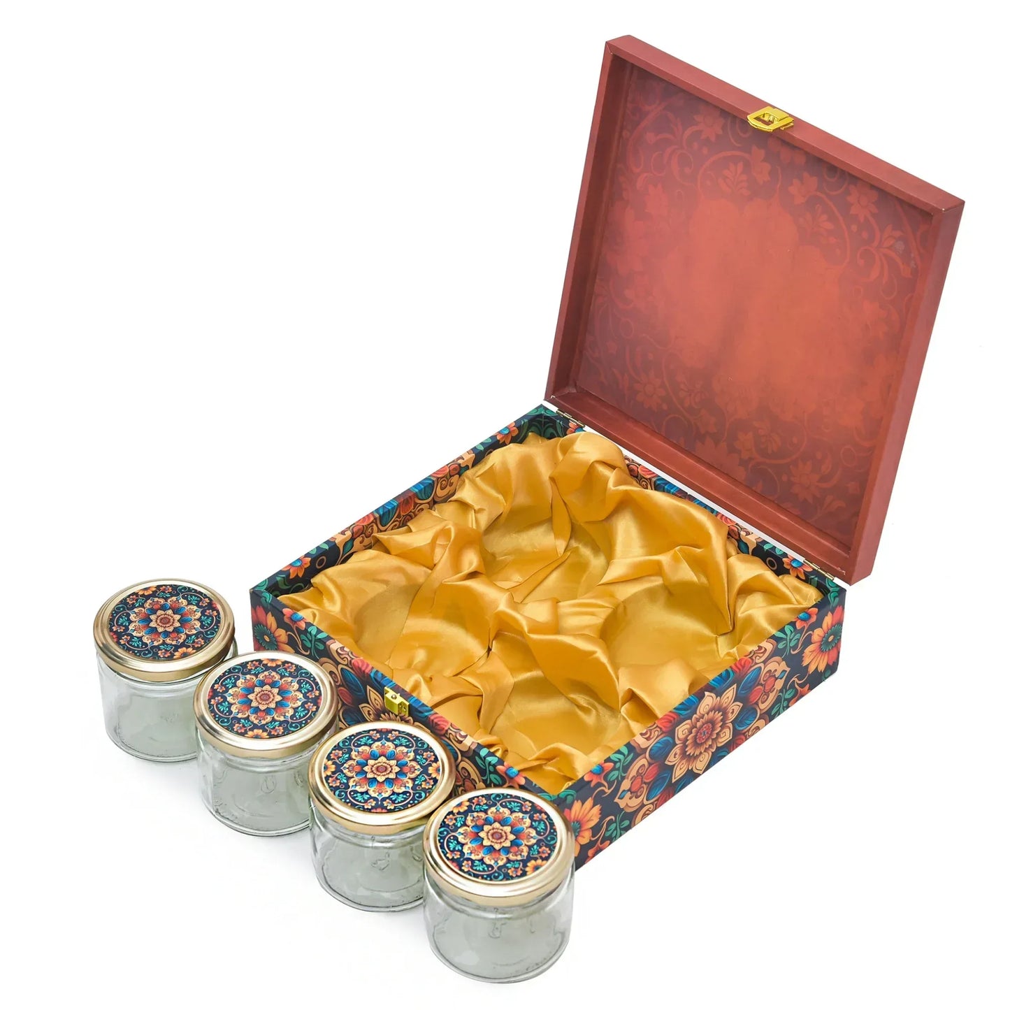 Royal Floral 4 Glass Jars Diwali Gift Box – Dry Fruit & Sweet Hamper | Grownex Packaging | wooden box