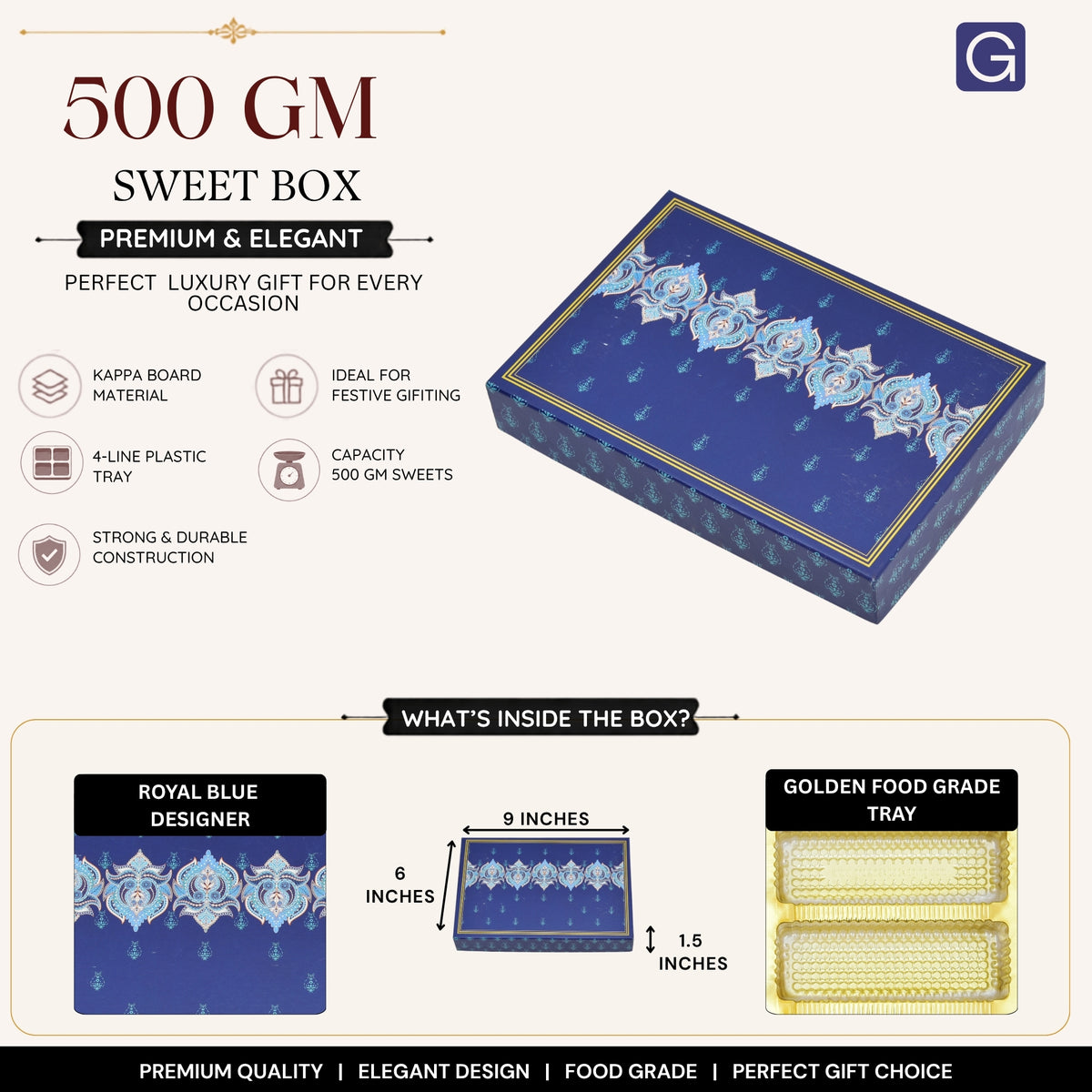 Royal Blue Designer 500Gm Sweet Box - Side View