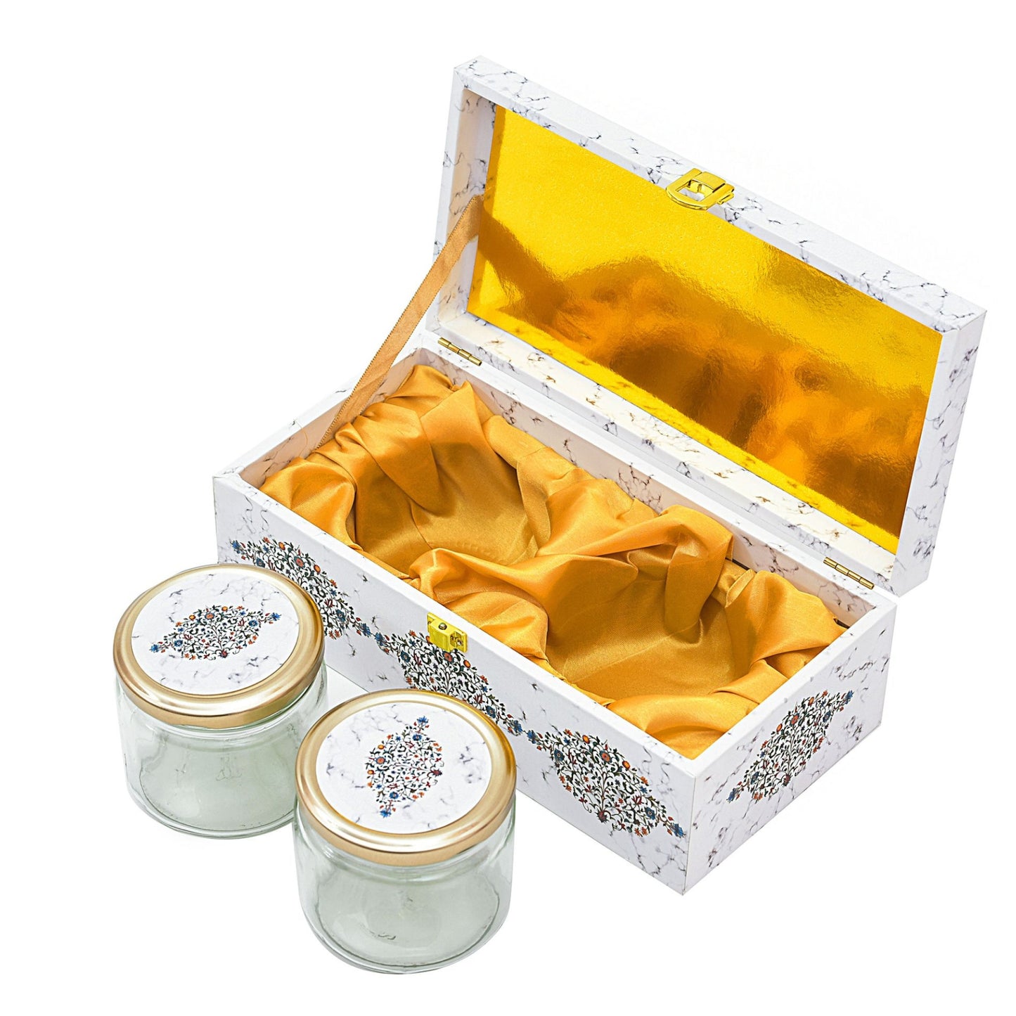 Luxury 2 Jar White Marble Wooden Gift Box | Premium Diwali Dry Fruit Packaging | Grownex Packaging | wooden box