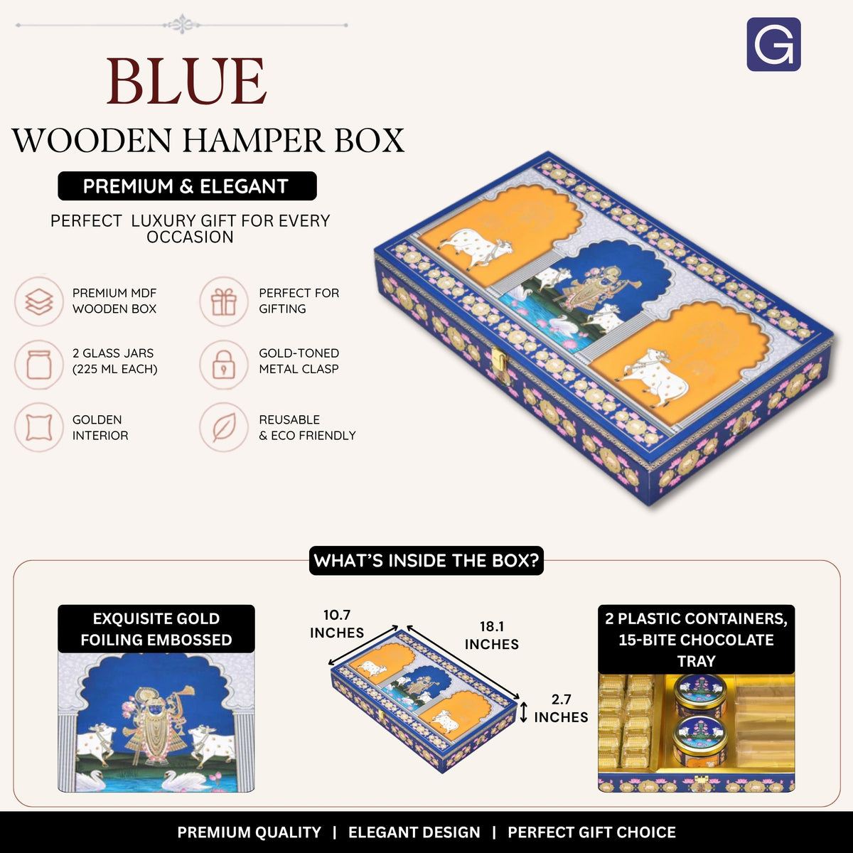 Royal Blue Krishna Wooden Diwali Gift Box | Premium Festive Packaging for Sweets & Hampers