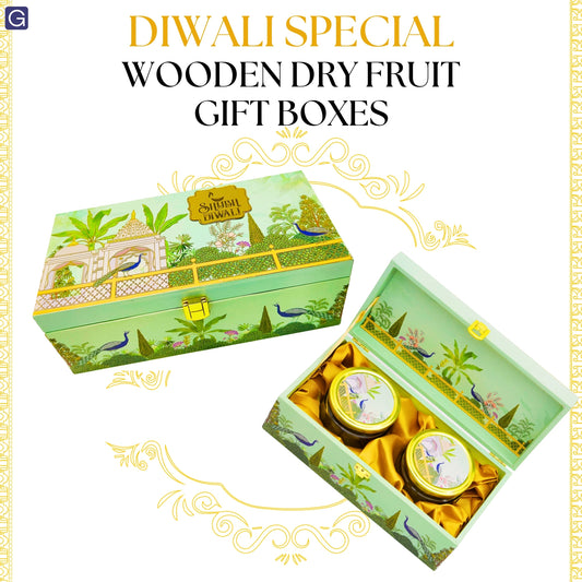Luxury Peacock Green Garden Wooden Gift Box – 2 Jar Dry Fruit & Sweet Hamper | Diwali & Wedding Gifting | Grownex Packaging | wooden box