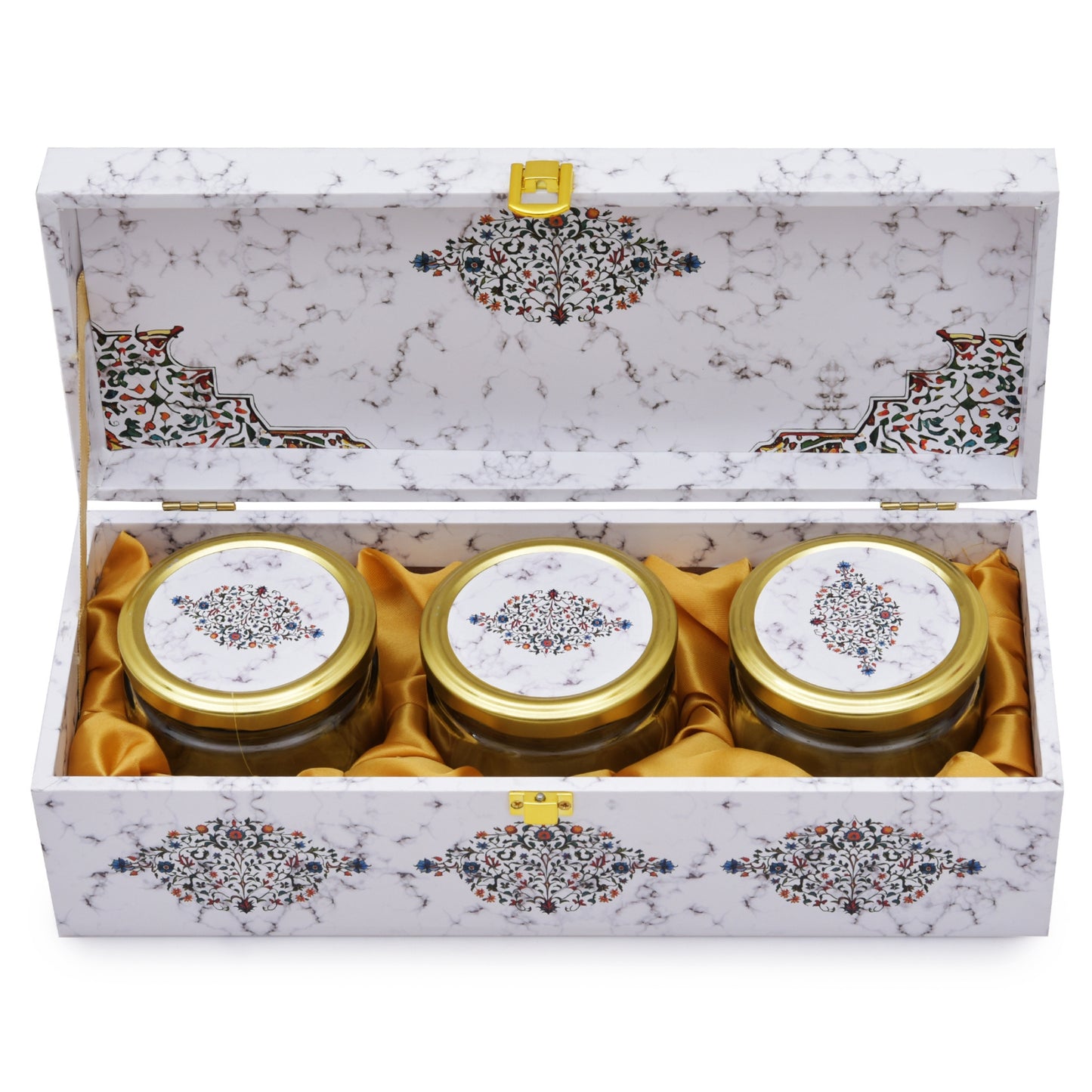 Luxury 3 Jar White Marble Wooden Gift Box | Festive Dry Fruit & Sweet Packaging | Grownex Packaging | wooden box