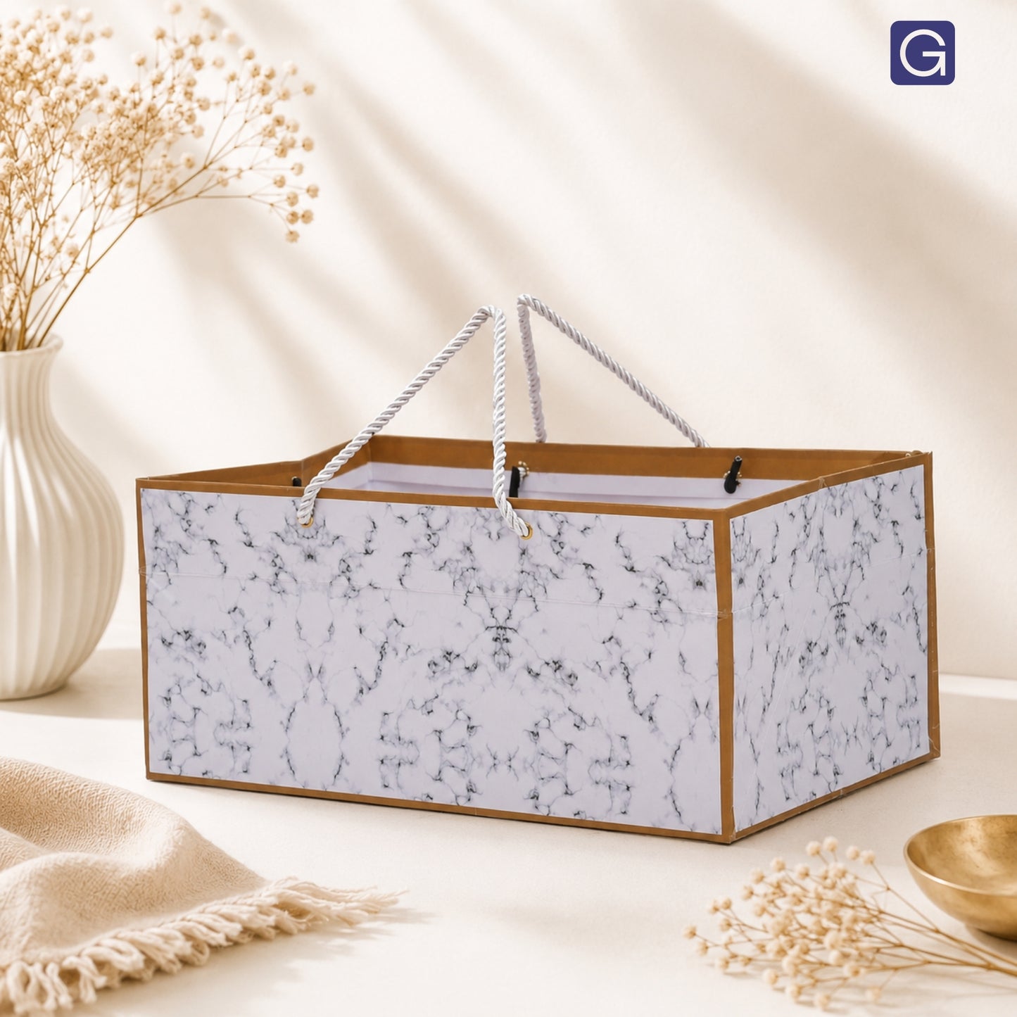 Marble Texture Print Paper Gift Bag 13x8.5x6 Inch | Luxury Corporate & Festive Hamper Packaging
