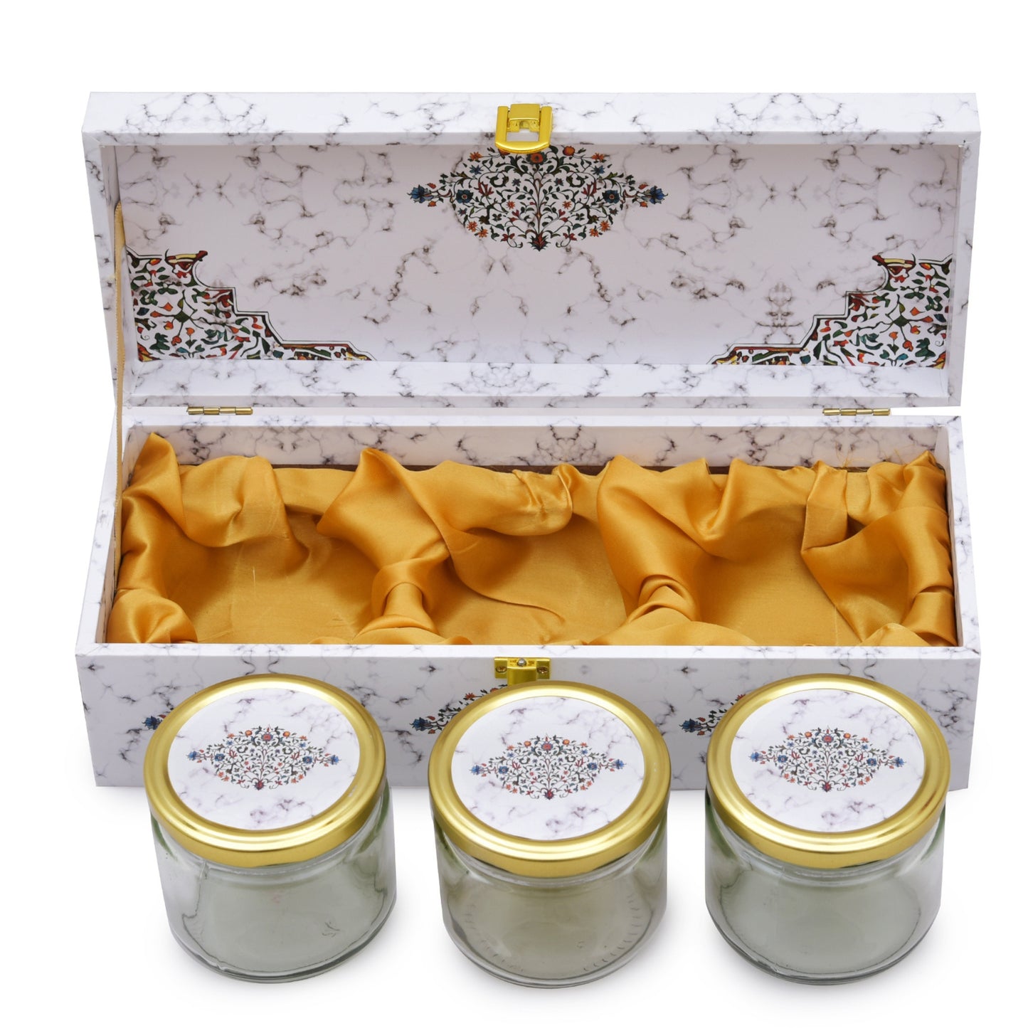 Luxury 3 Jar White Marble Wooden Gift Box | Festive Dry Fruit & Sweet Packaging | Grownex Packaging | wooden box