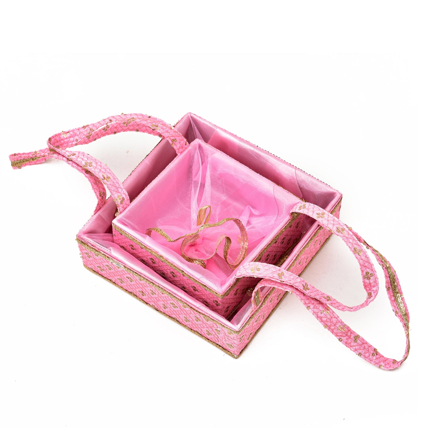 Pink and Gold Net Diwali Basket Set – Festive Gift Packaging for Chocolates & Dry Fruits | Grownex Packaging | Basket & Tray