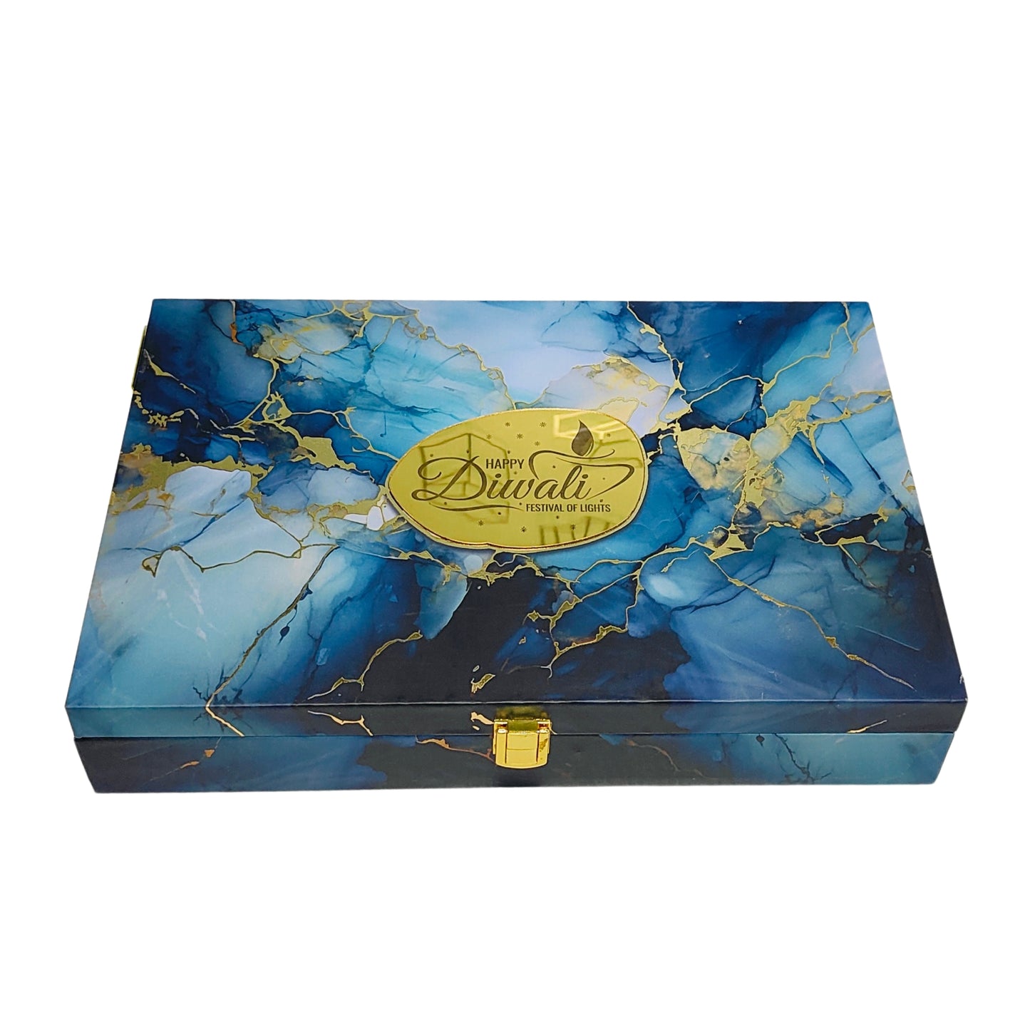 Blue Marble Diwali Gift Box with 6 Compartments – Luxury Festive Hamper | Grownex Packaging | wooden box
