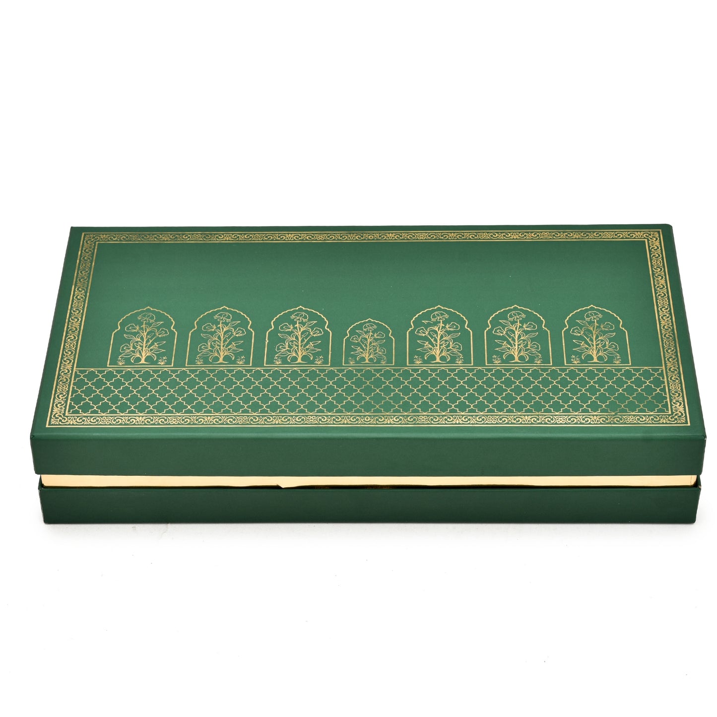 Royal Green & Gold Kappa Board Gift Box with 4 Glass Jars & Chocolate Tray – Luxury Festive Hamper | Grownex Packaging | Hamper Box