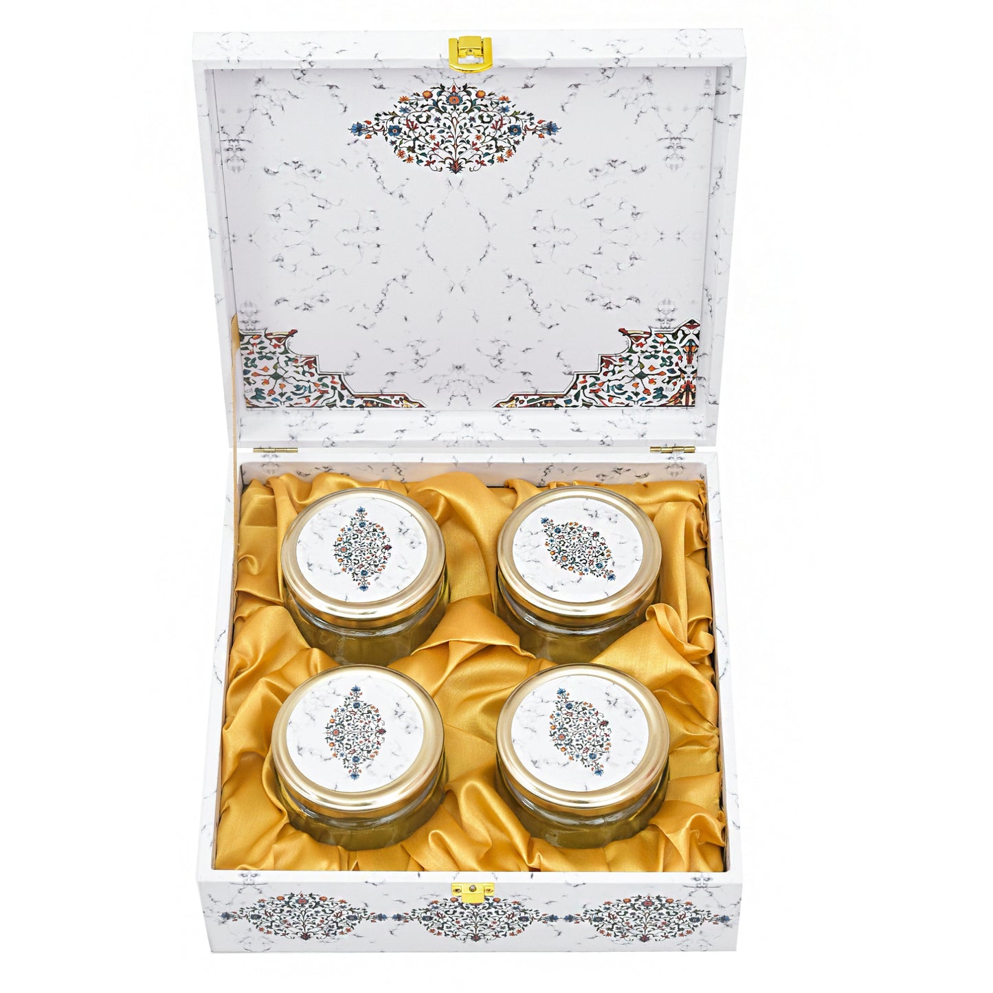 Luxury 4 Jar White Marble Wooden Gift Box | Premium Festive Gift Packaging | Grownex Packaging | wooden box