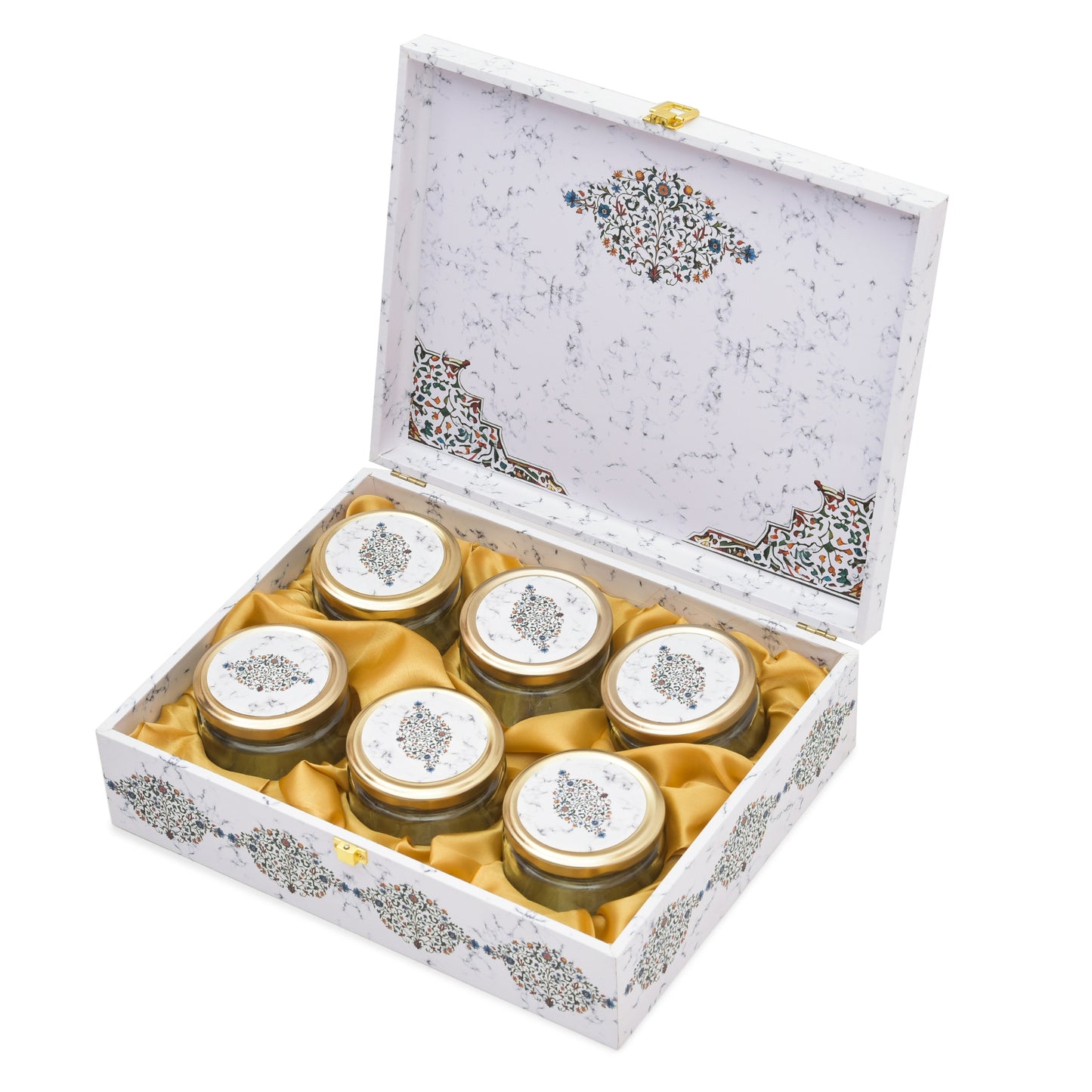 6-Jar White Marble Wooden Gift Box with Gold Foiling – Luxury Festival Packaging