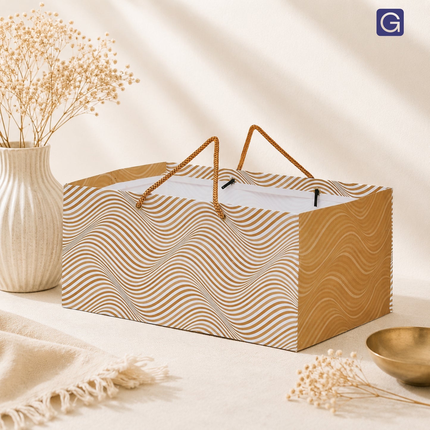 Golden Zebra Print Paper Bag 13x8.5x6 Inch | Luxury Hamper & Festive Gift Packaging
