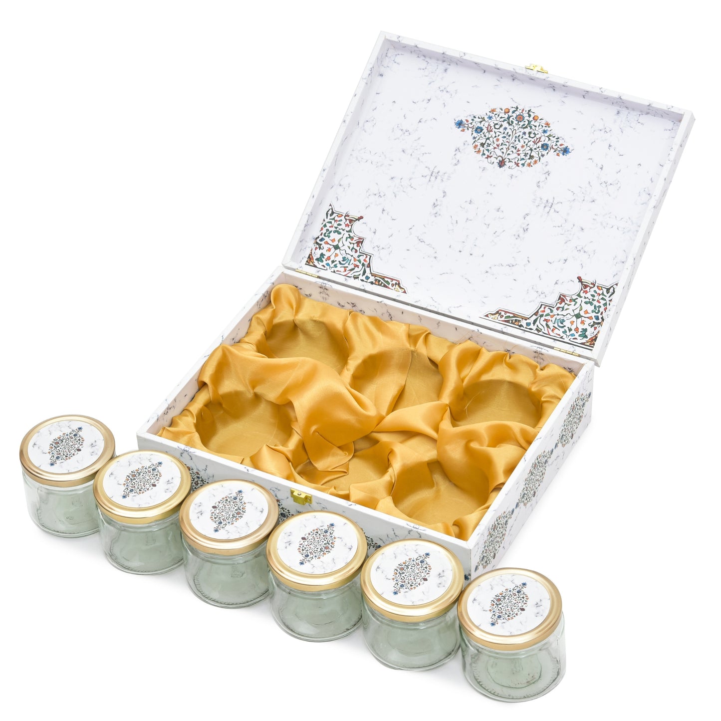 6-Jar White Marble Wooden Gift Box with Gold Foiling – Luxury Festival Packaging