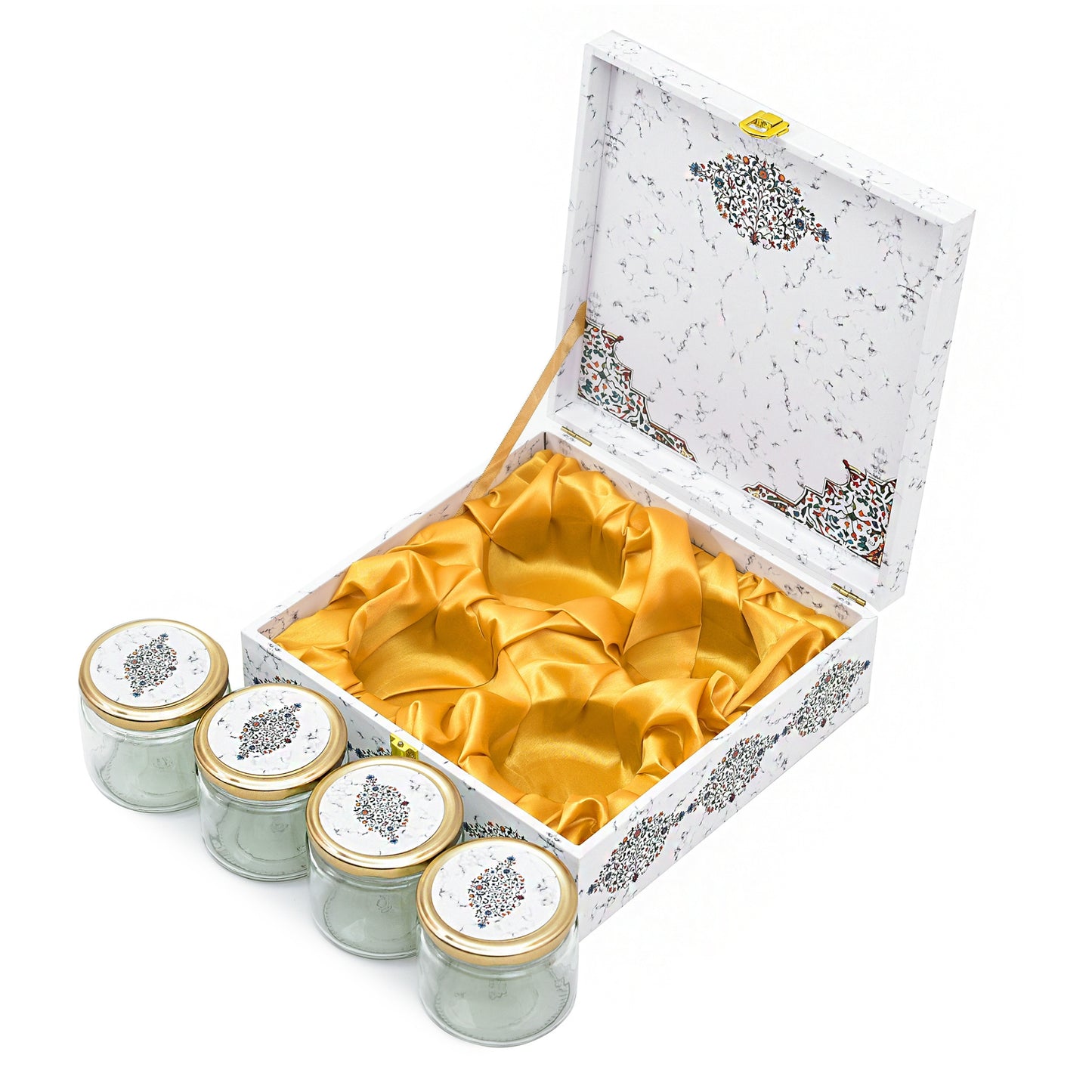 Luxury 4 Jar White Marble Wooden Gift Box | Premium Festive Gift Packaging | Grownex Packaging | wooden box