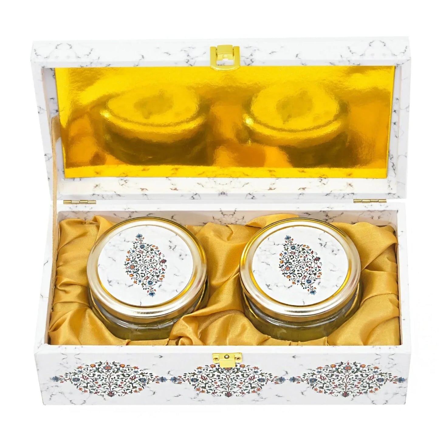 Luxury 2 Jar White Marble Wooden Gift Box | Premium Diwali Dry Fruit Packaging | Grownex Packaging | wooden box
