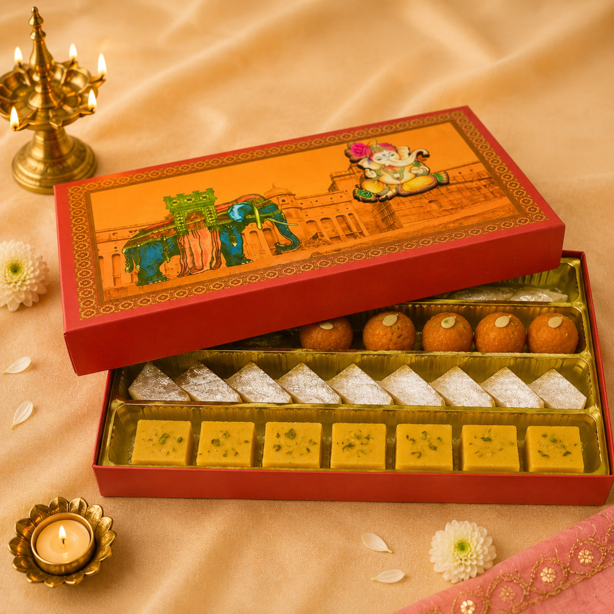 Royal Ganesha Modak Gift Box | 1kg Premium Elephant & Palace Artwork Sweet Box