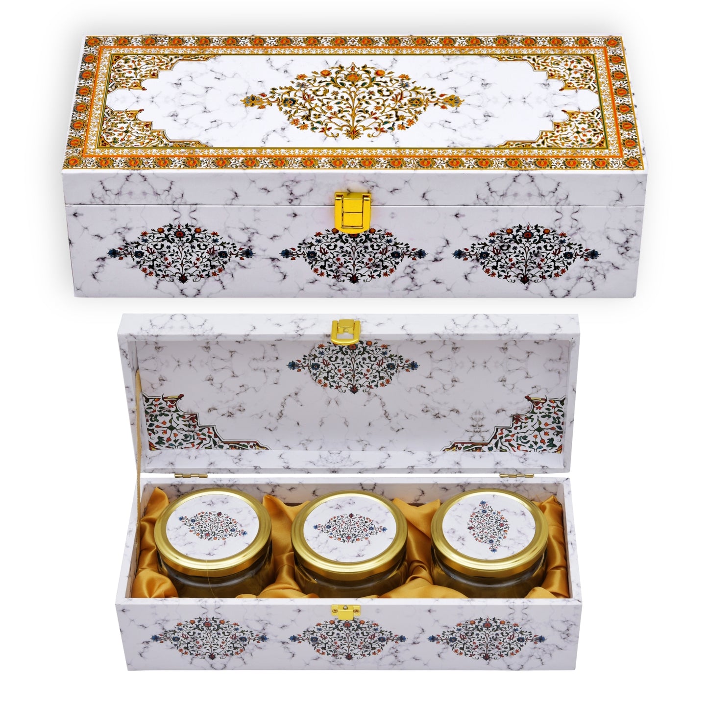 3 Jar White Marble Wooden Box for Dry Fruit and Sweets Packaging | Grownex Packaging | wooden box