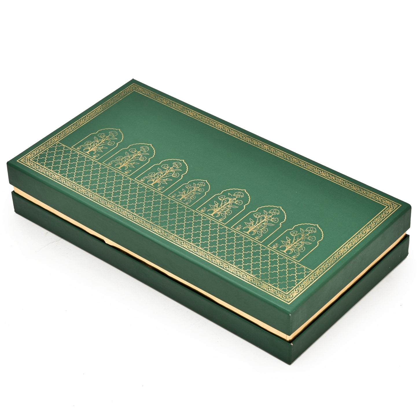 Royal Green & Gold Kappa Board Gift Box with 4 Glass Jars & Chocolate Tray – Luxury Festive Hamper | Grownex Packaging | Hamper Box