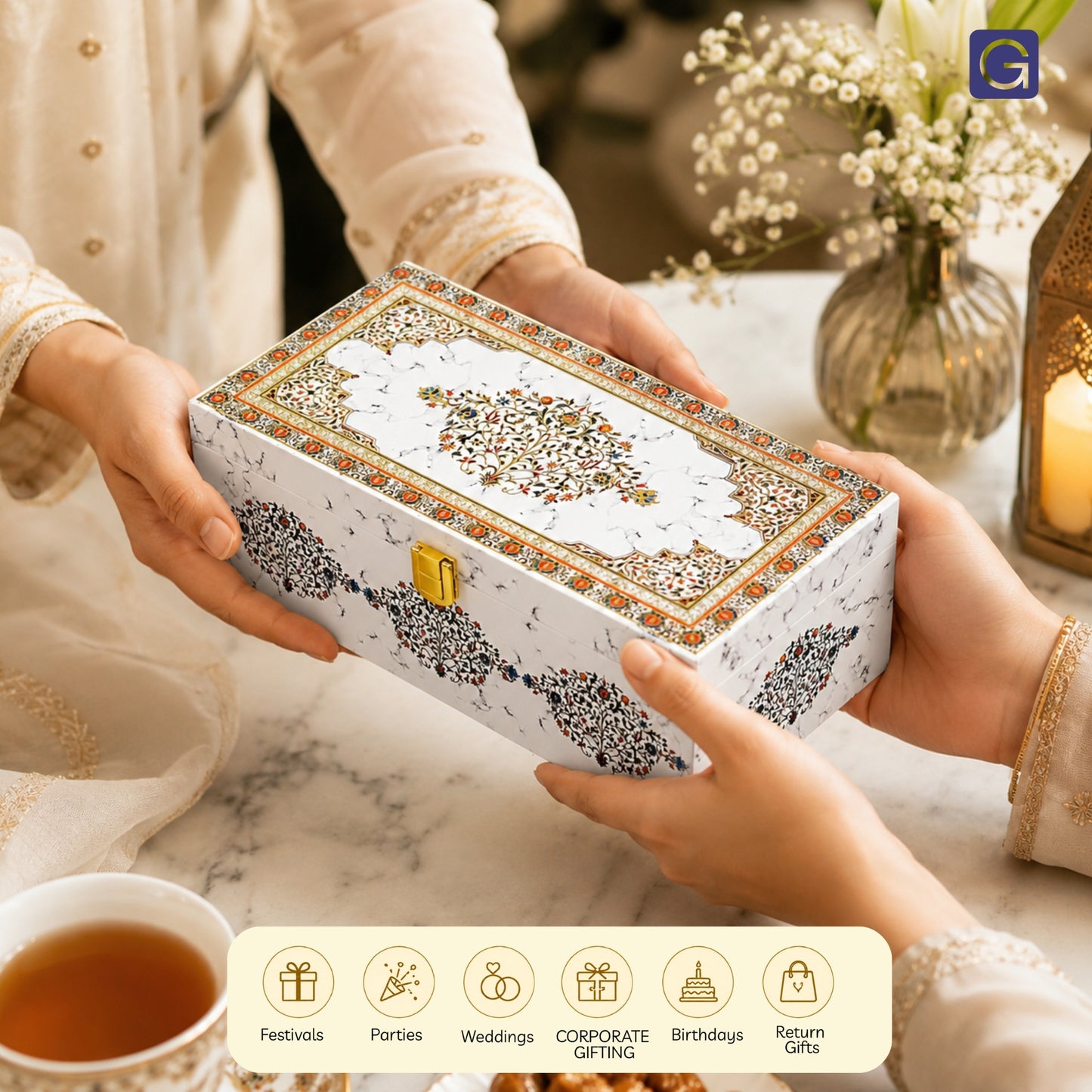 White marble wooden hamper box packaging view