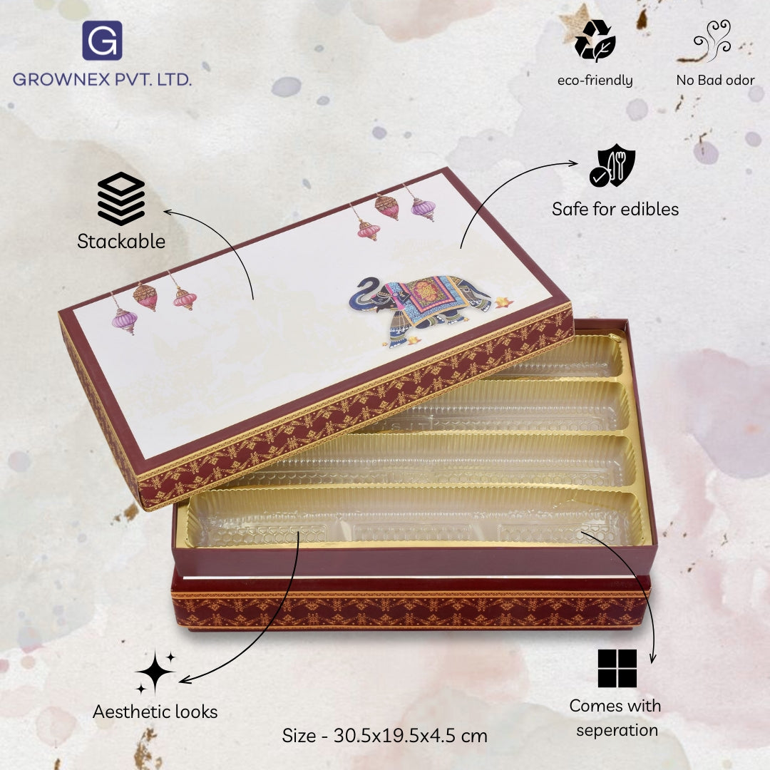 1 Kg Brown Elephant Print 4 Line Premium Sweet Box | Grownex Packaging | Sweet Box
