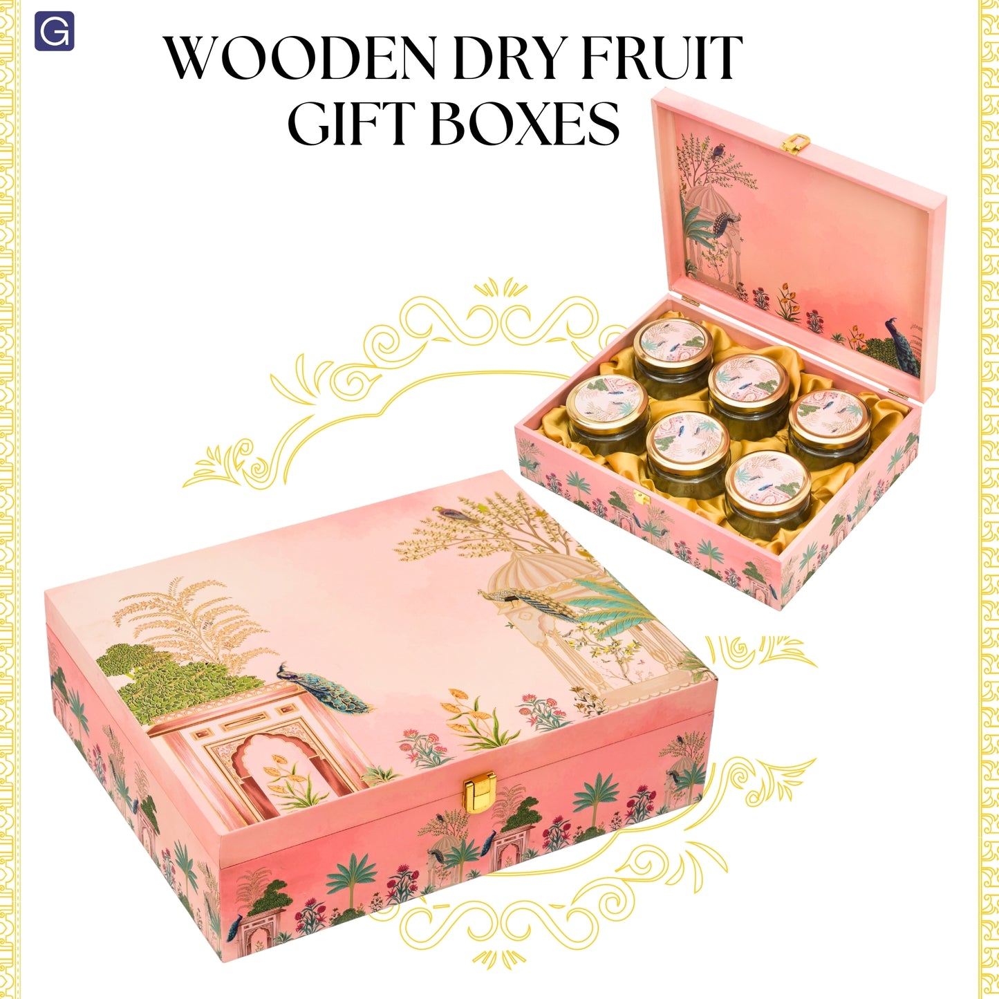 6 Jar Pink Peacock Print Wooden Dry Fruit Gift Box For Festival Gifting | Grownex Packaging | wooden box