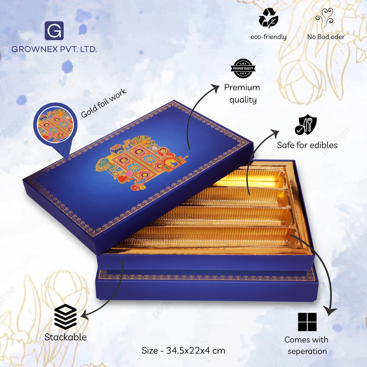 Big Size 1 Kg Blue Foil 4 Line Premium Sweet Box | Grownex Packaging | Sweet Box