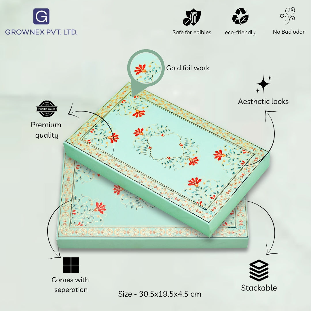 1 Kg Sea Green Lotus Print Foil Premium Sweet Packaging Box | Grownex Packaging | Sweet Box