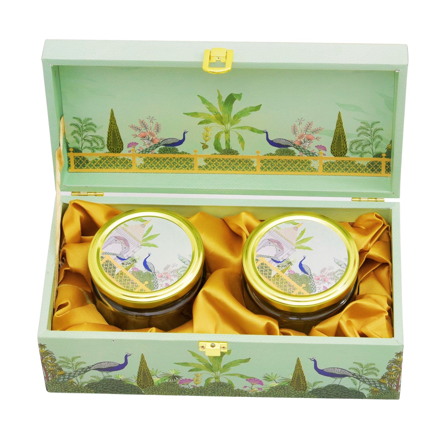 Luxury Peacock Green Garden Wooden Gift Box – 2 Jar Dry Fruit & Sweet Hamper | Diwali & Wedding Gifting | Grownex Packaging | wooden box