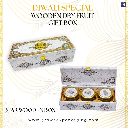 Luxury 3 Jar White Marble Wooden Gift Box | Premium Diwali Dry Fruit Packaging | Grownex Packaging | wooden box