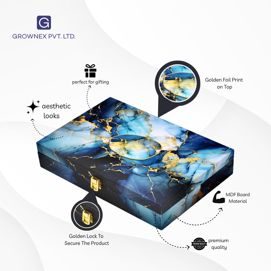 Luxury Wooden Festive Gifting Marble Print Premium Hamper Box | Grownex Packaging | wooden box