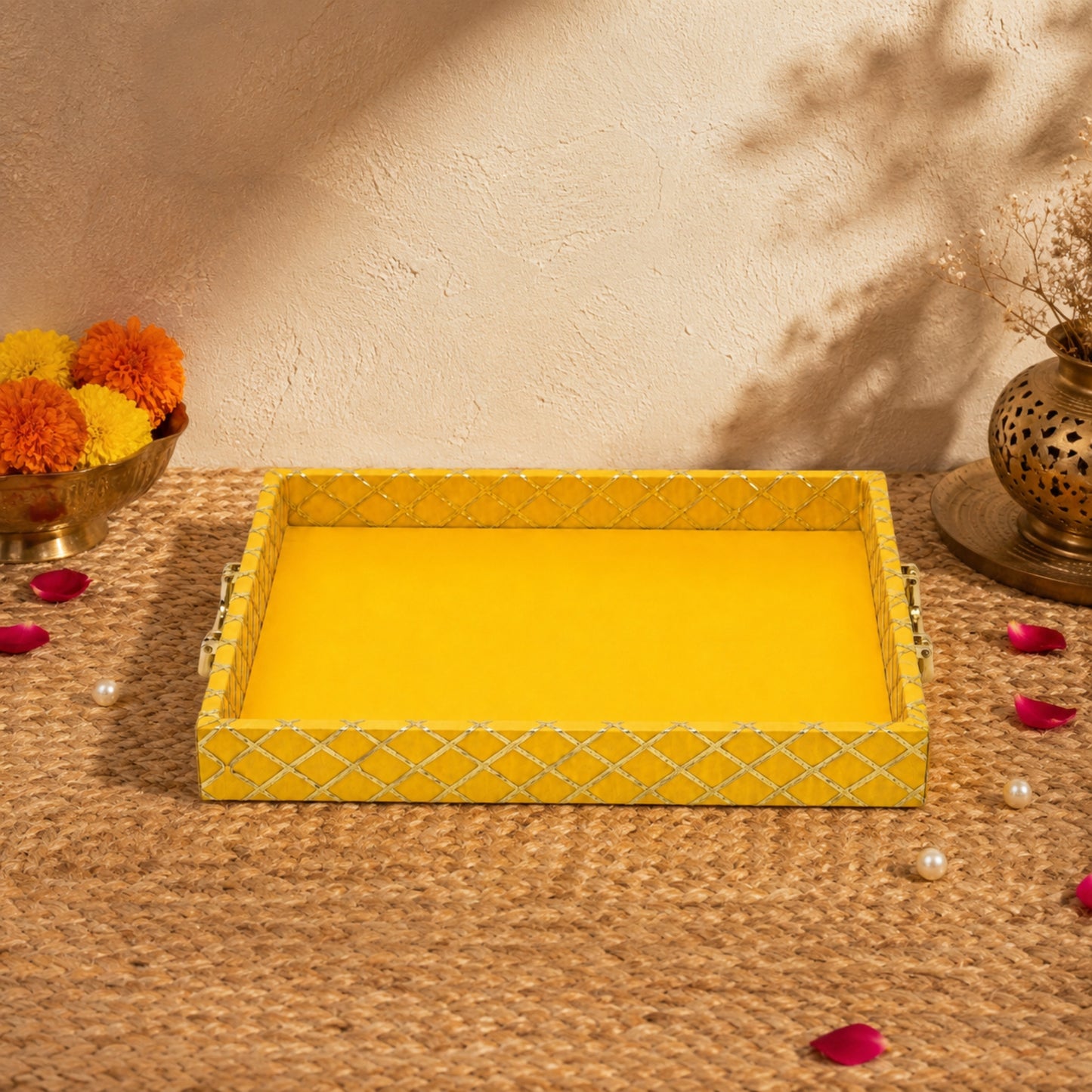 Traditional Yellow Wooden Square Lace Hamper Tray
