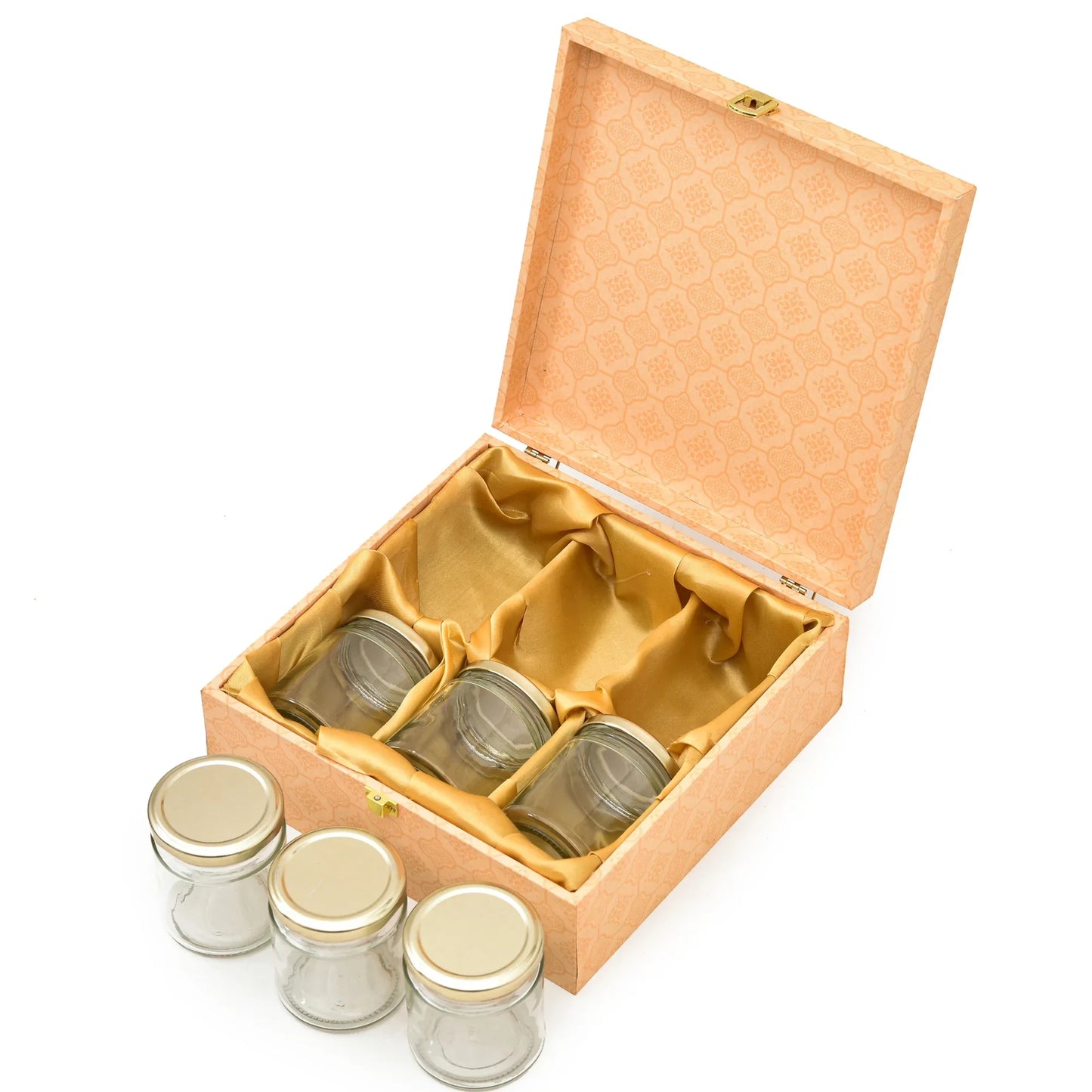 Premium Wooden Gift Box with 6 Glass Jars – Ethnic Multicolor Design | Grownex Packaging | wooden box