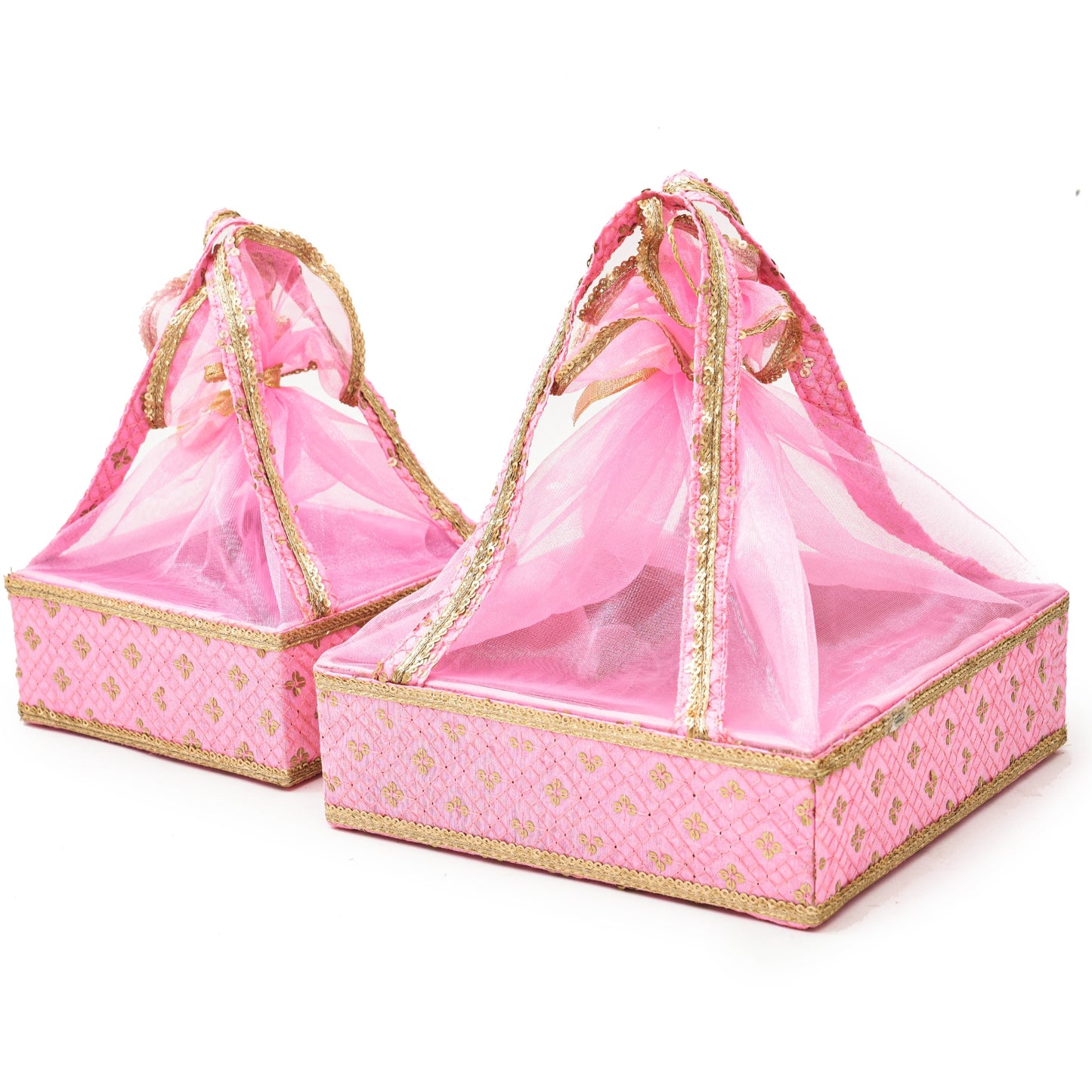 Pink and Gold Net Diwali Basket Set – Festive Gift Packaging for Chocolates & Dry Fruits | Grownex Packaging | Basket & Tray