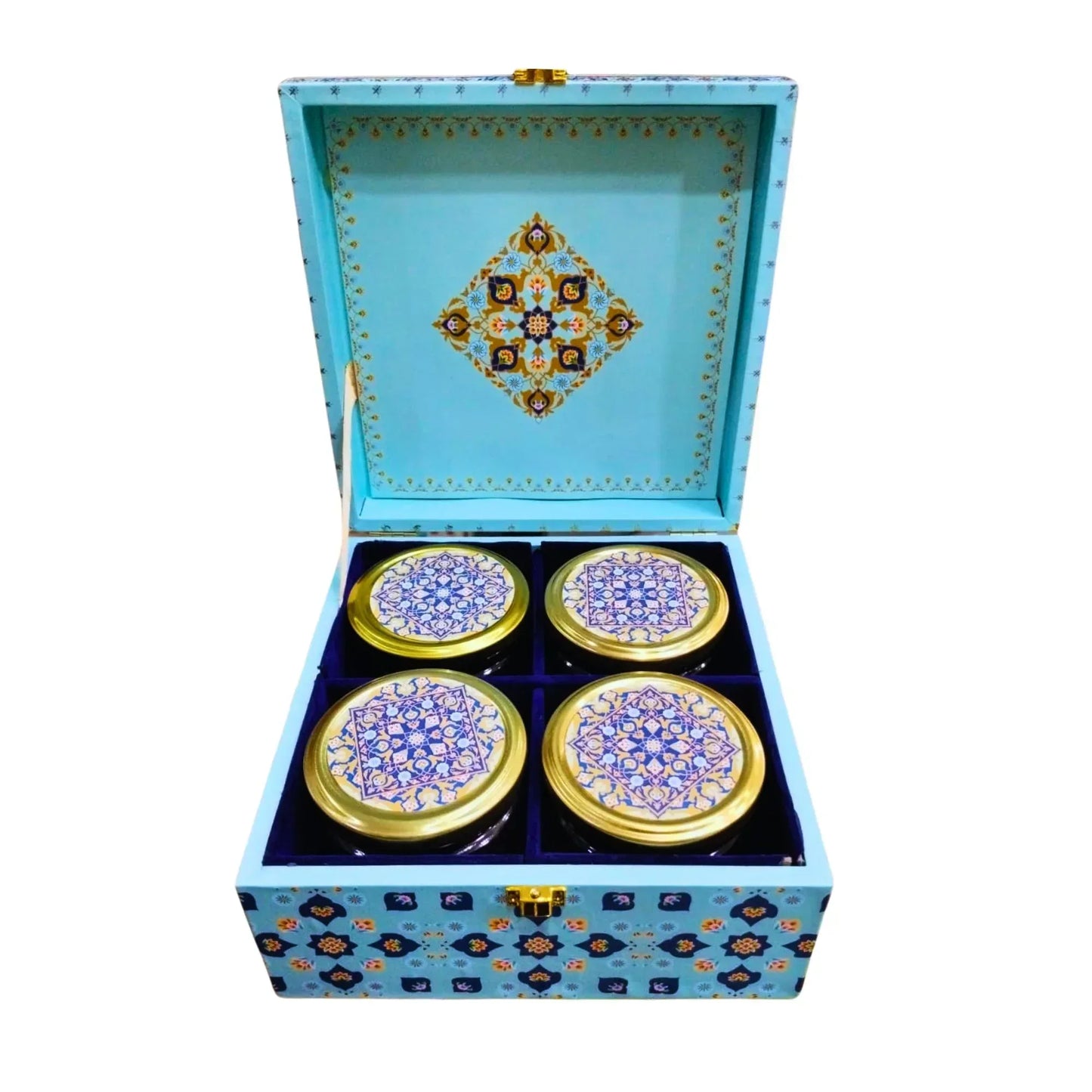 Luxury 4 Glass Jars with Elegant Floral Design| Decorative Dry Fruit/Sweets Storage Box | Grownex Packaging | wooden box