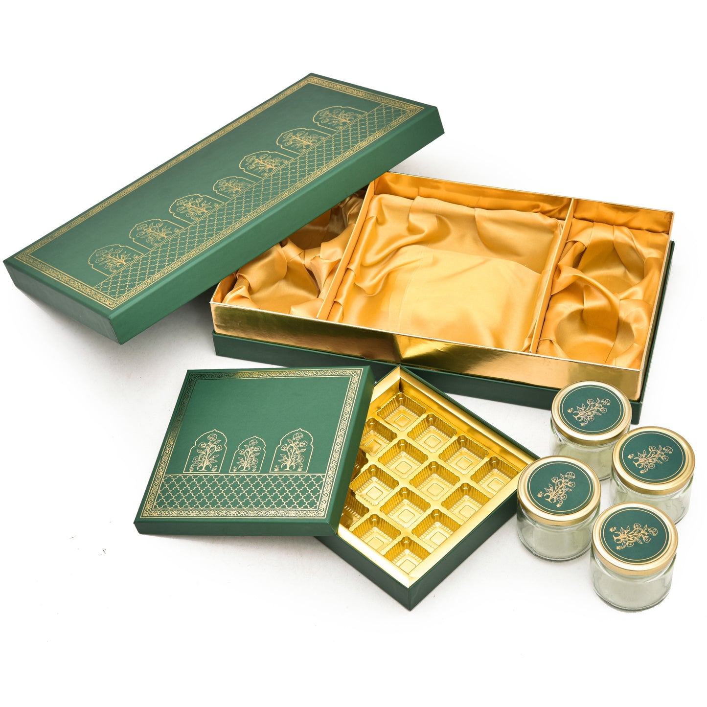 Royal Green & Gold Kappa Board Gift Box with 4 Glass Jars & Chocolate Tray – Luxury Festive Hamper | Grownex Packaging | Hamper Box