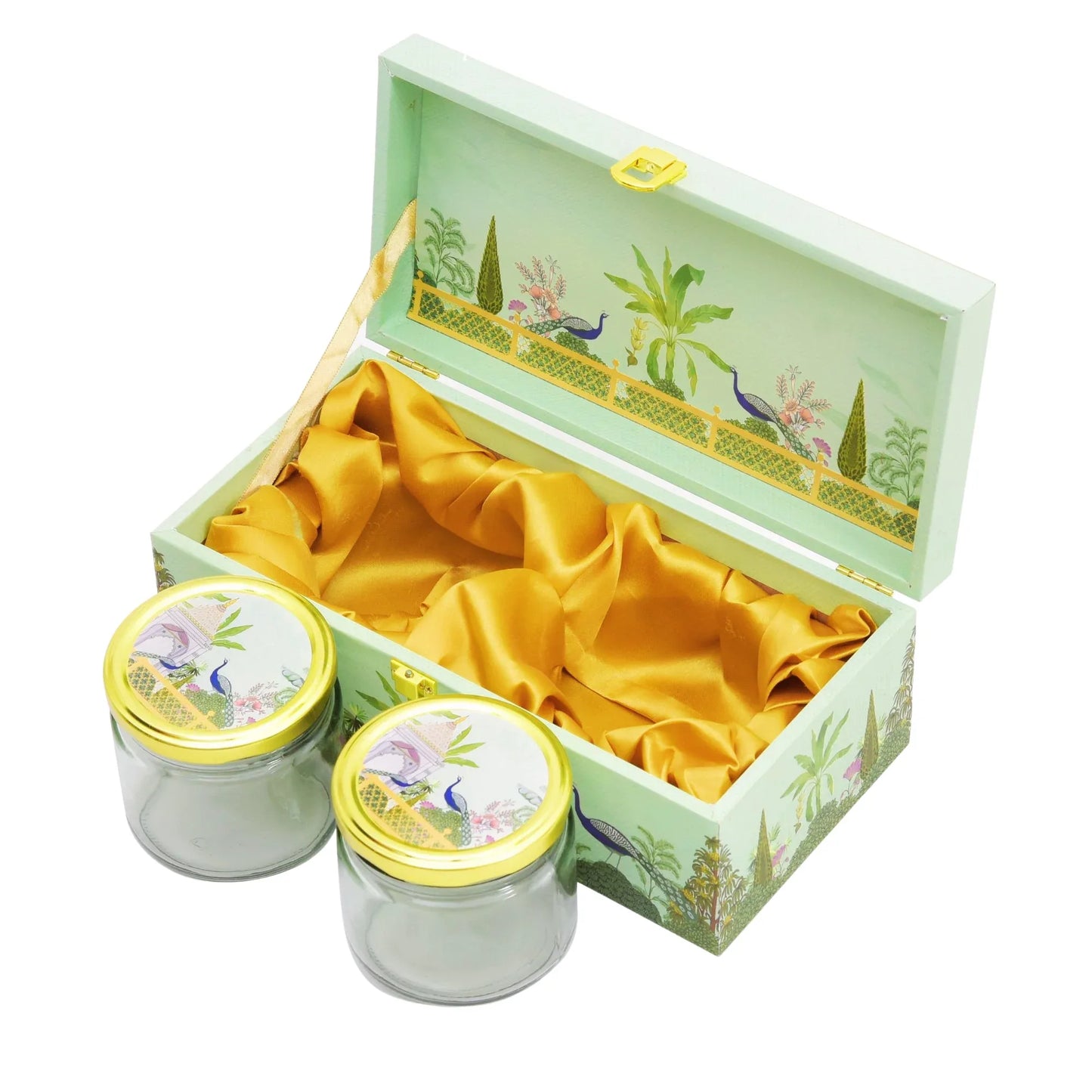 Luxury Peacock Green Garden Wooden Gift Box – 2 Jar Dry Fruit & Sweet Hamper | Diwali & Wedding Gifting | Grownex Packaging | wooden box
