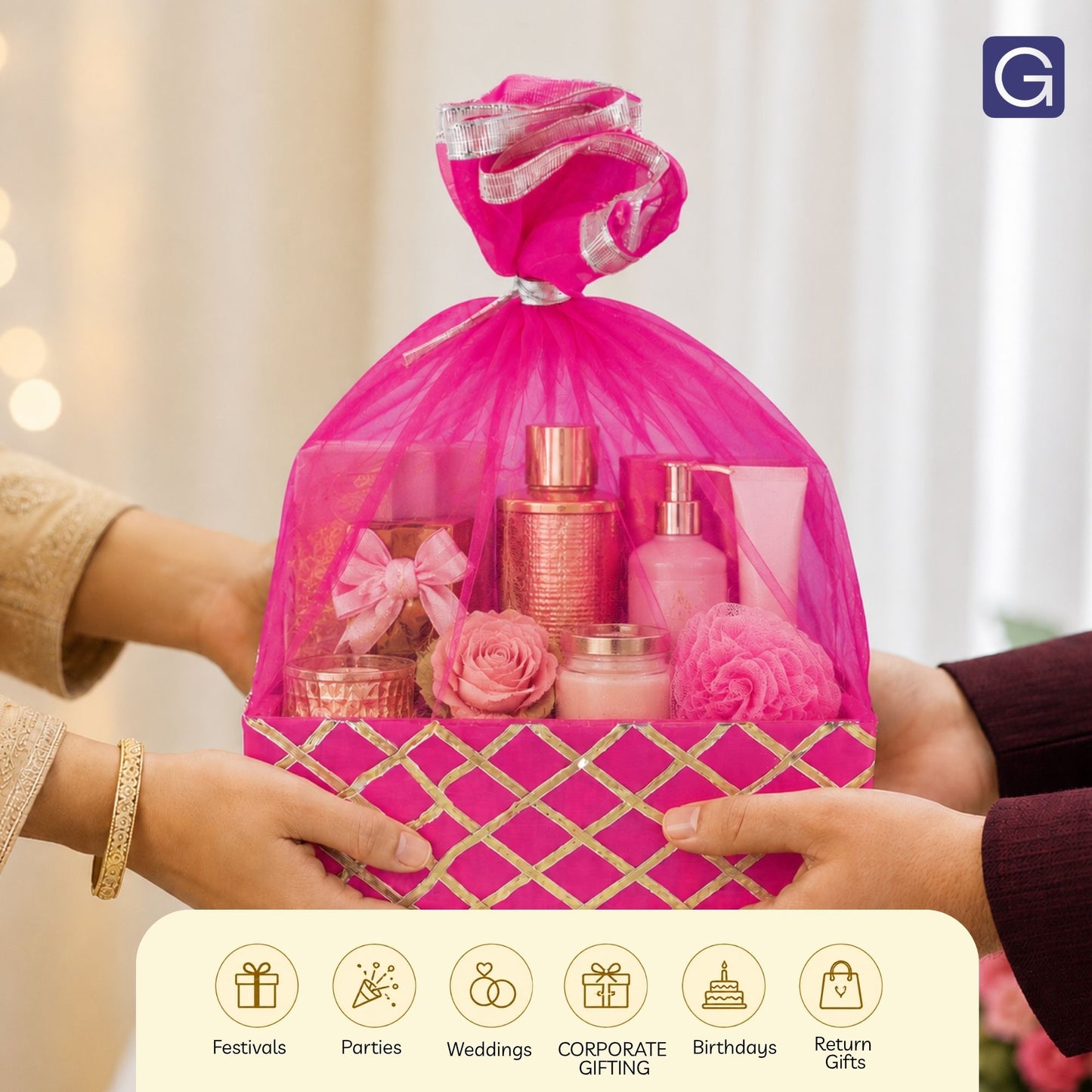 Square Lace Rani Pink Gift Basket | Wedding & Return Gift Packaging
