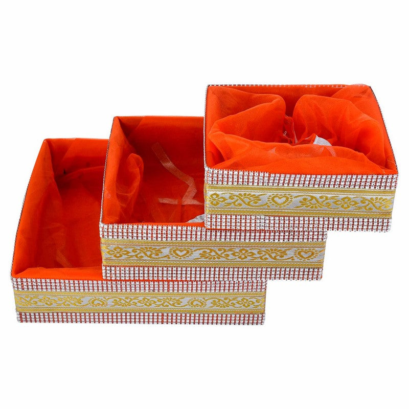 Set of 3 Orange Decorated with lace Gift Hamper Basket For Festivals | Grownex Packaging | Basket & Tray