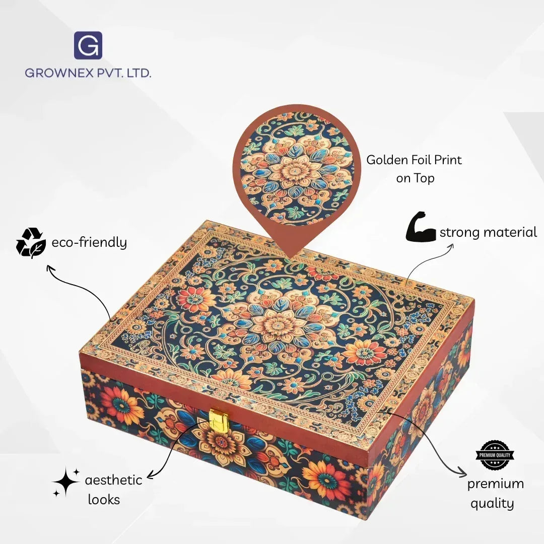 Luxury Happy Diwali Floral Wooden Gift Box – 6 Jar Premium Festive Hamper | Grownex Packaging | wooden box