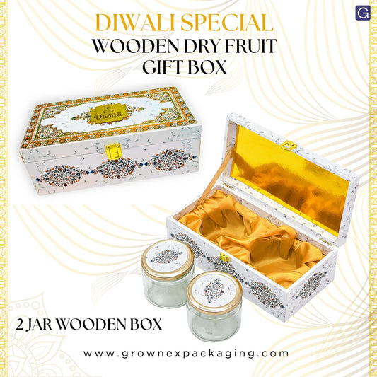 Luxury 2 Jar White Marble Wooden Gift Box | Premium Diwali Dry Fruit Packaging | Grownex Packaging | wooden box