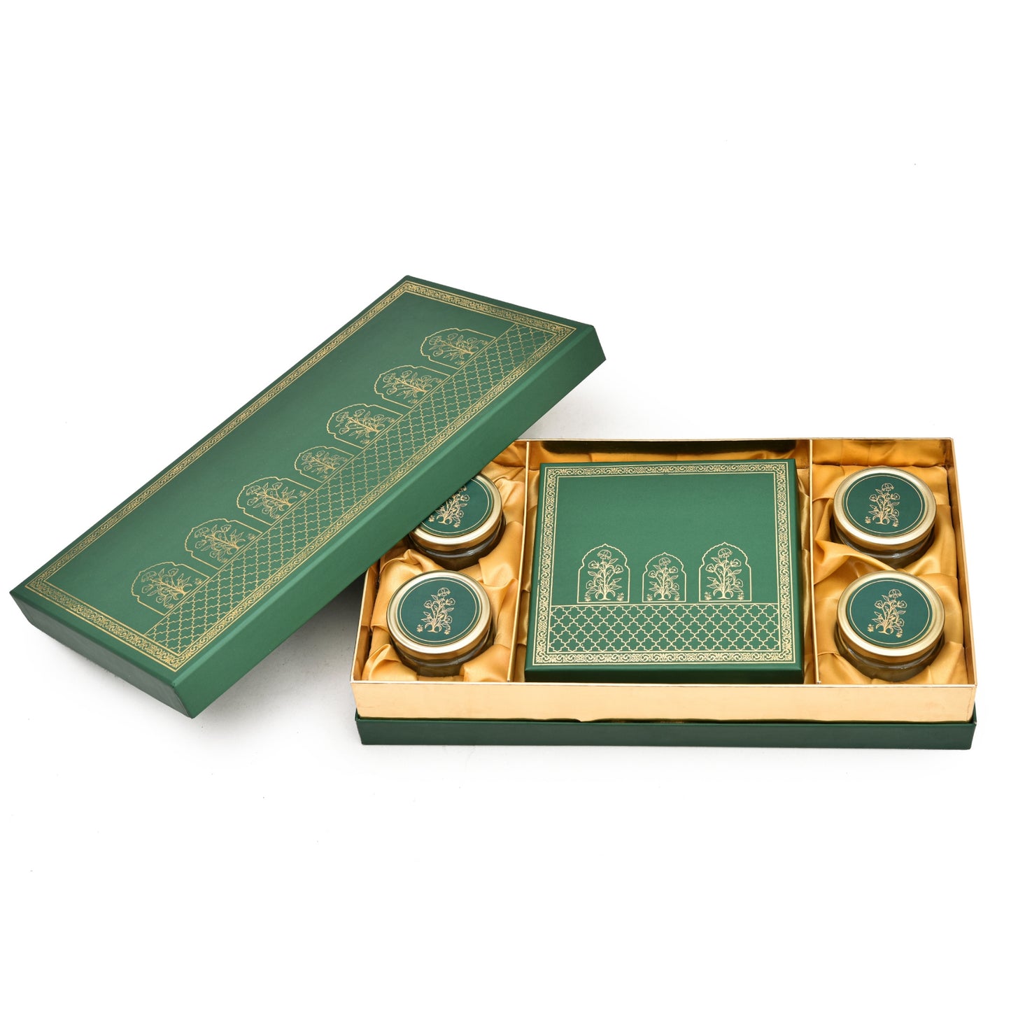 Royal Green & Gold Kappa Board Gift Box with 4 Glass Jars & Chocolate Tray – Luxury Festive Hamper | Grownex Packaging | Hamper Box