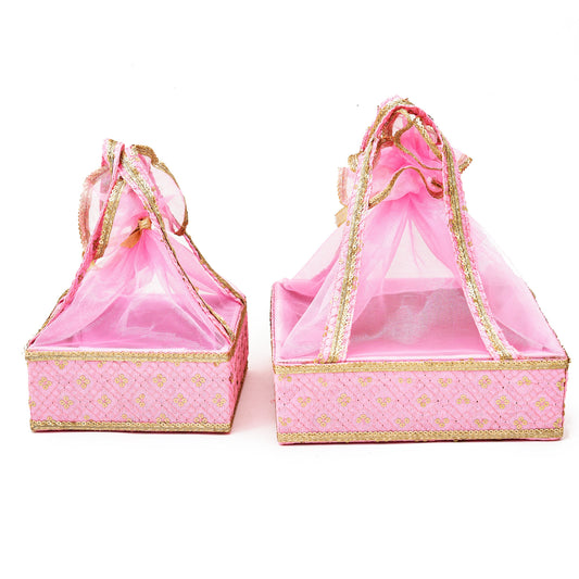 Pink and Gold Net Diwali Basket Set – Festive Gift Packaging for Chocolates & Dry Fruits | Grownex Packaging | Basket & Tray