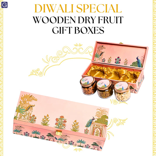 Pink Peacock Print Wooden Gift Box For Dry Fruits and Sweets with 3 Glass Jar | Grownex Packaging | wooden box