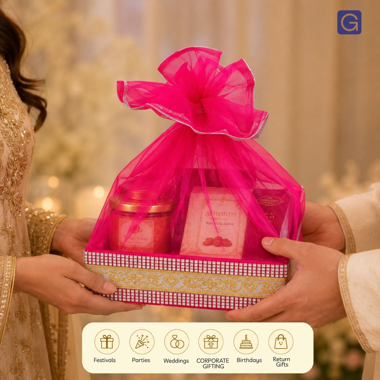 Rani Pink MDF Hamper Basket with Lace | Wedding & Return Gift Packaging