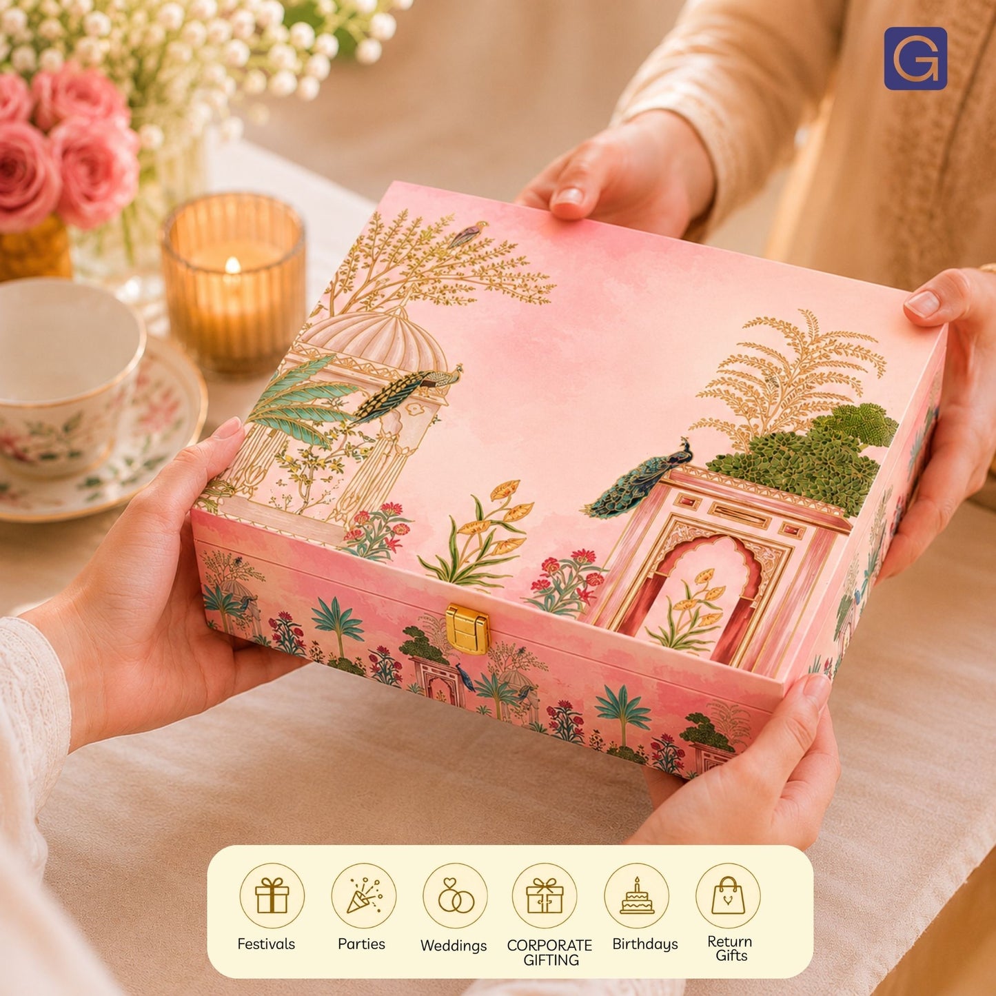 Pink Peacock Print Wooden Dry Fruit Gift Box with 6 Jars | Premium Festive Hamper Box