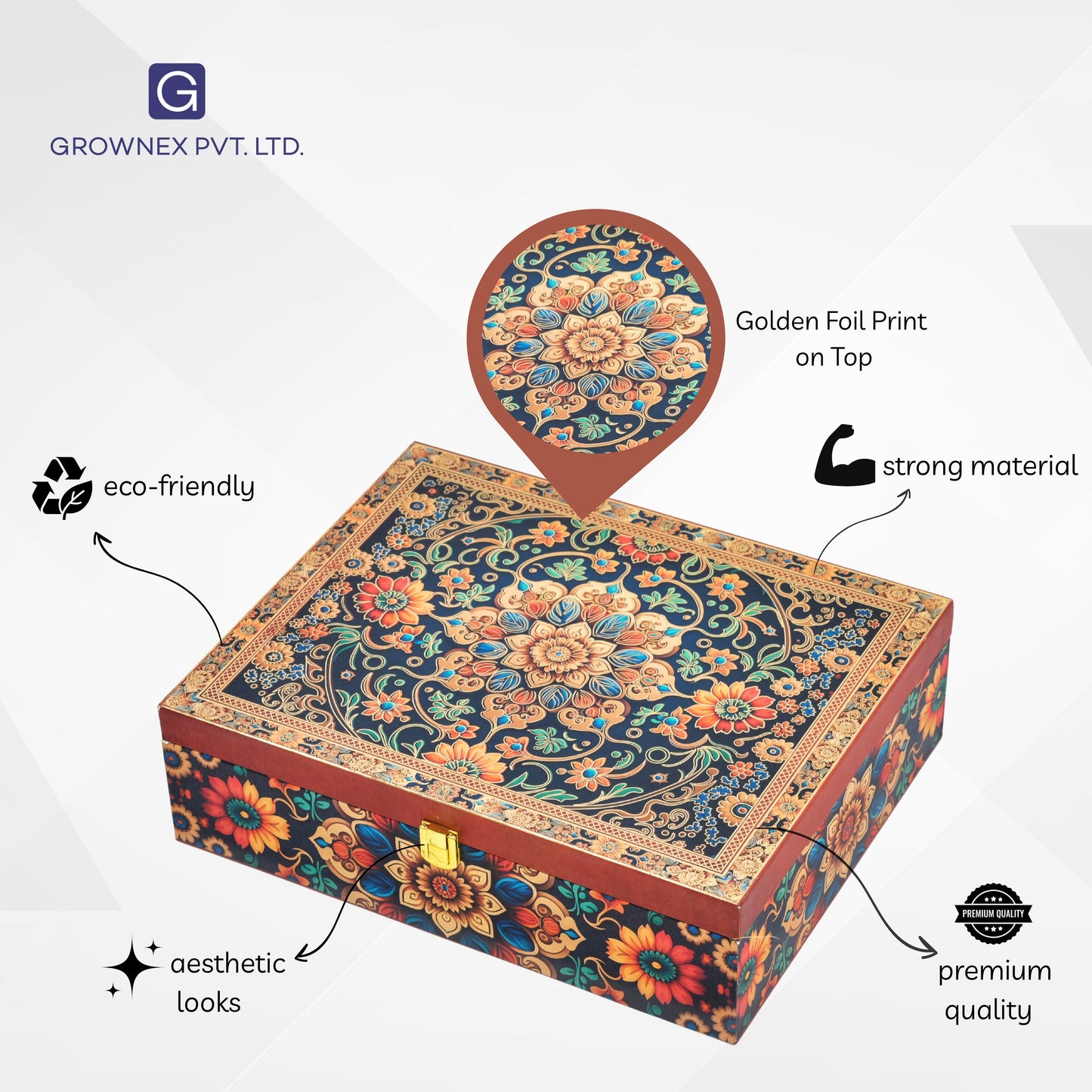 6 Jar Red Floral Foil Wooden Gift Box | Grownex Packaging | wooden box