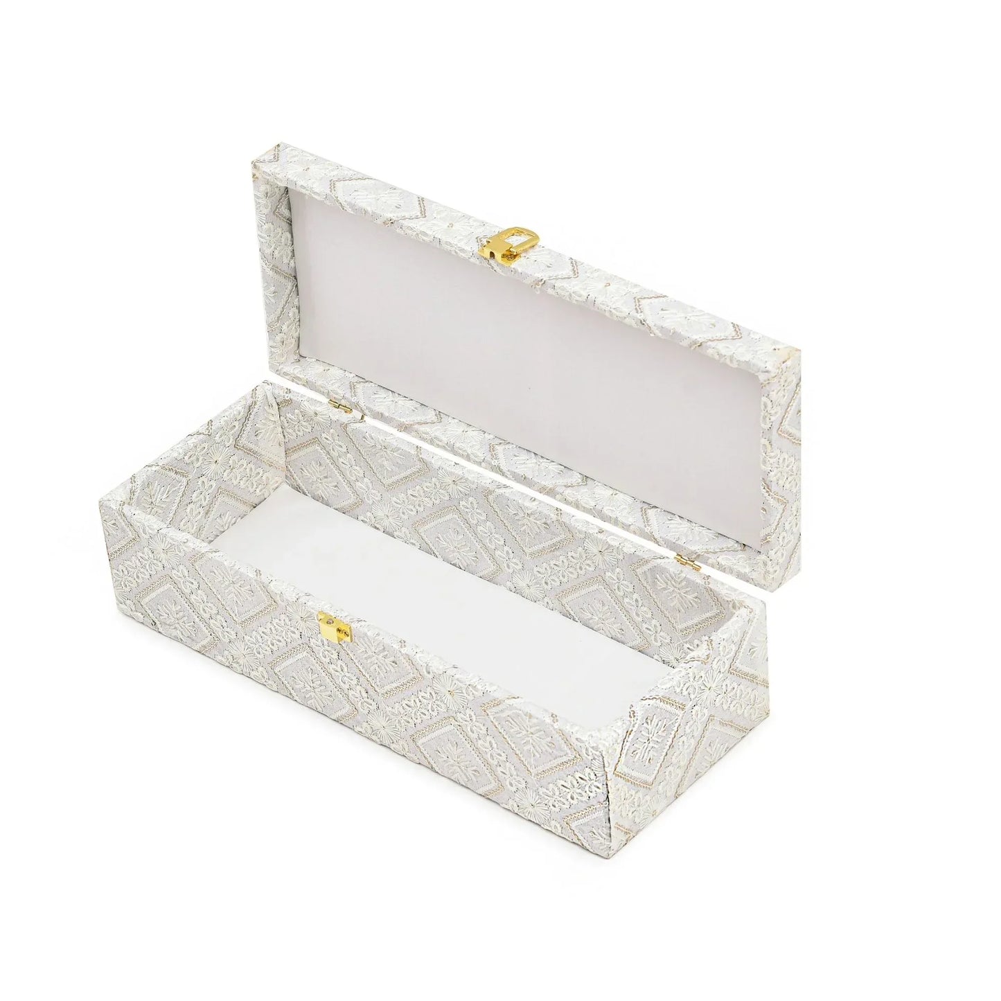 Premium White Embroidered Fabric Storage & Gift Box with Lock – 33x13.5x10 cm | Grownex Packaging | wooden box