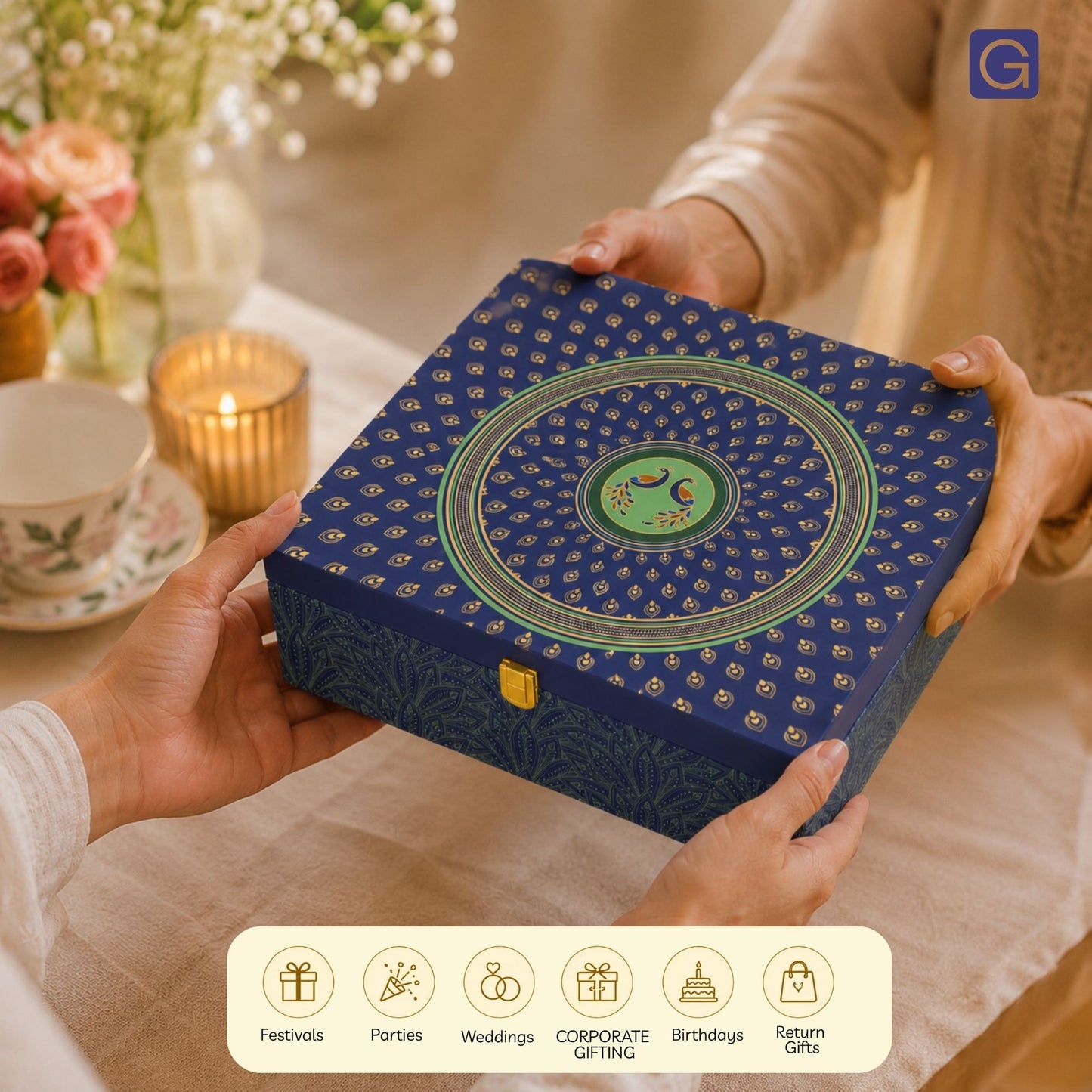 Blue Peacock Wooden Gift Hamper Box with 6 Jars | Dry Fruit Packaging Box