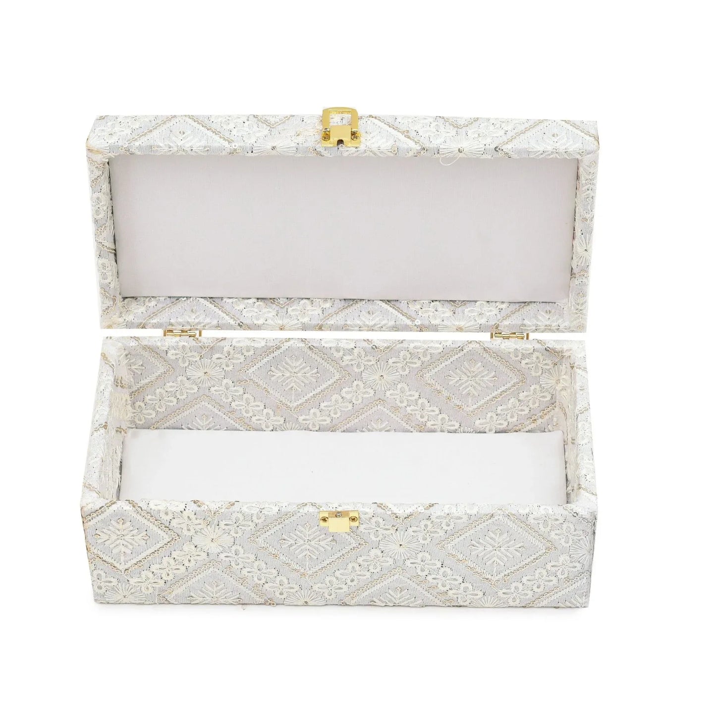 Luxury White Embroidered Fabric Mithai & Dry Fruit Storage Box with Golden Lock (33 x 13.5 x 10 cm) | Grownex Packaging | wooden box