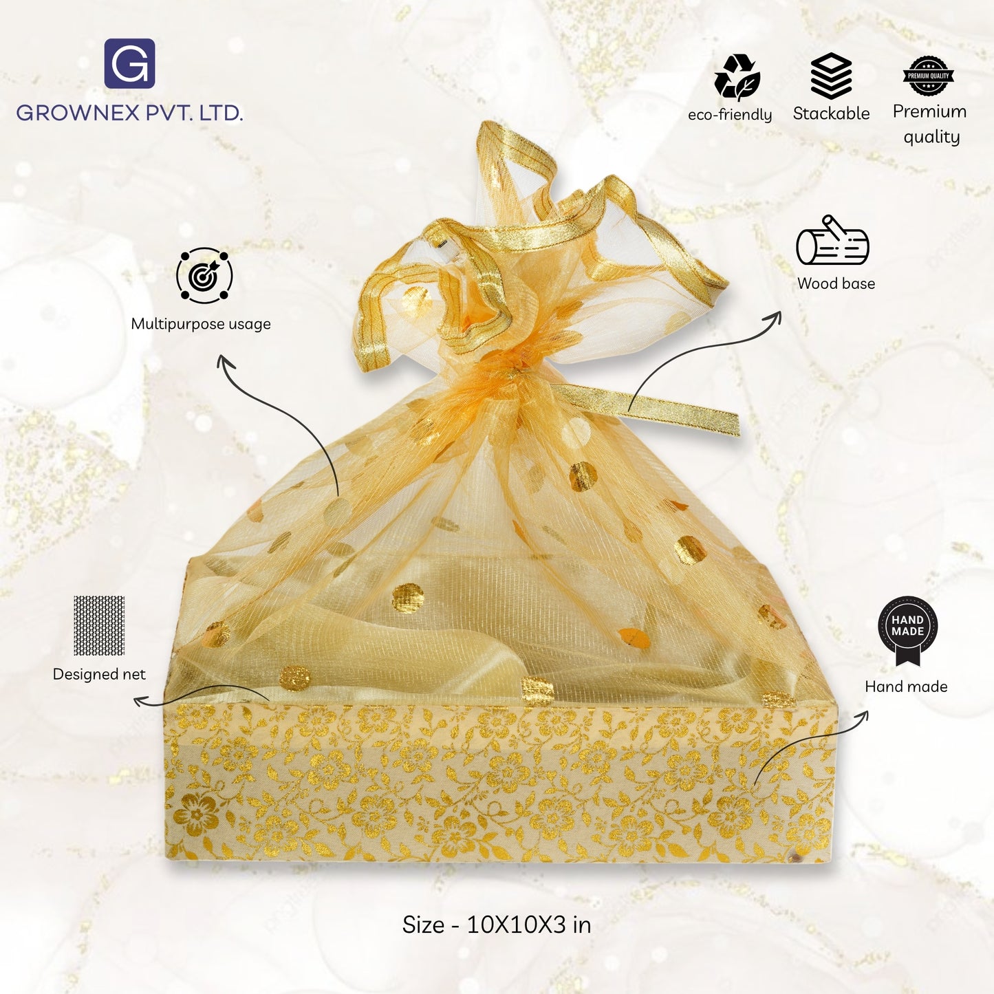 Floral Gold Gift Basket | Grownex Packaging | Basket & Tray